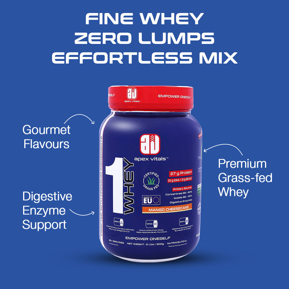 Apex Vitals 1 Whey - Grass-Fed Whey | 27g Protein, 10g EAA, 5g BCAA | Concentrate 80-60%, Isolate 86-40%, Digestive Enzymes | FDA, EFSA & FSSAI Certified|Mango Cheesecake - 2lbs, Shakers, Samples