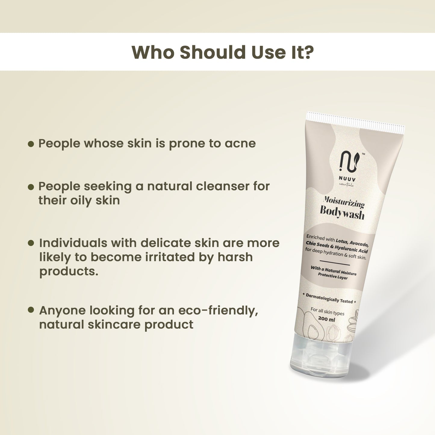 Nuuv Essentials Moisturising Body Wash | Avocado, Lotus & Chia Seed Extract | Hyaluronic Acid for Deep Hydration | For Dry, Sensitive Skin | Energising and Refreshing | Bodywash for Men&Women | 200 ml