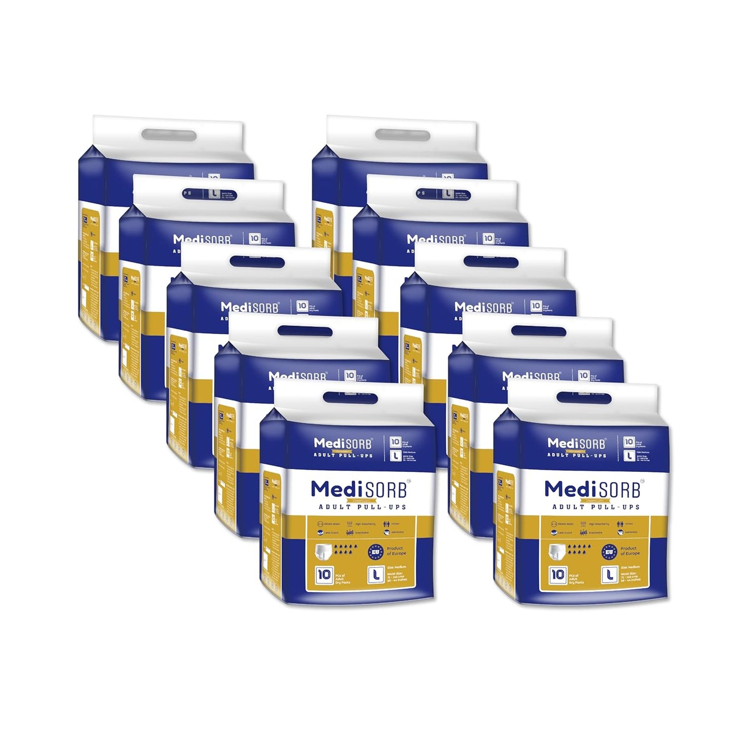 MediSORB Adult Diaper Pants | Large (L) |Waist 101-512 cm (40-60 inches) |High Absorbency -15 Hrs |Rash-Free |Leakproof |Breathable |Odourless |Elastic Waist |For Men & Women | 100 Units, Pack of 10