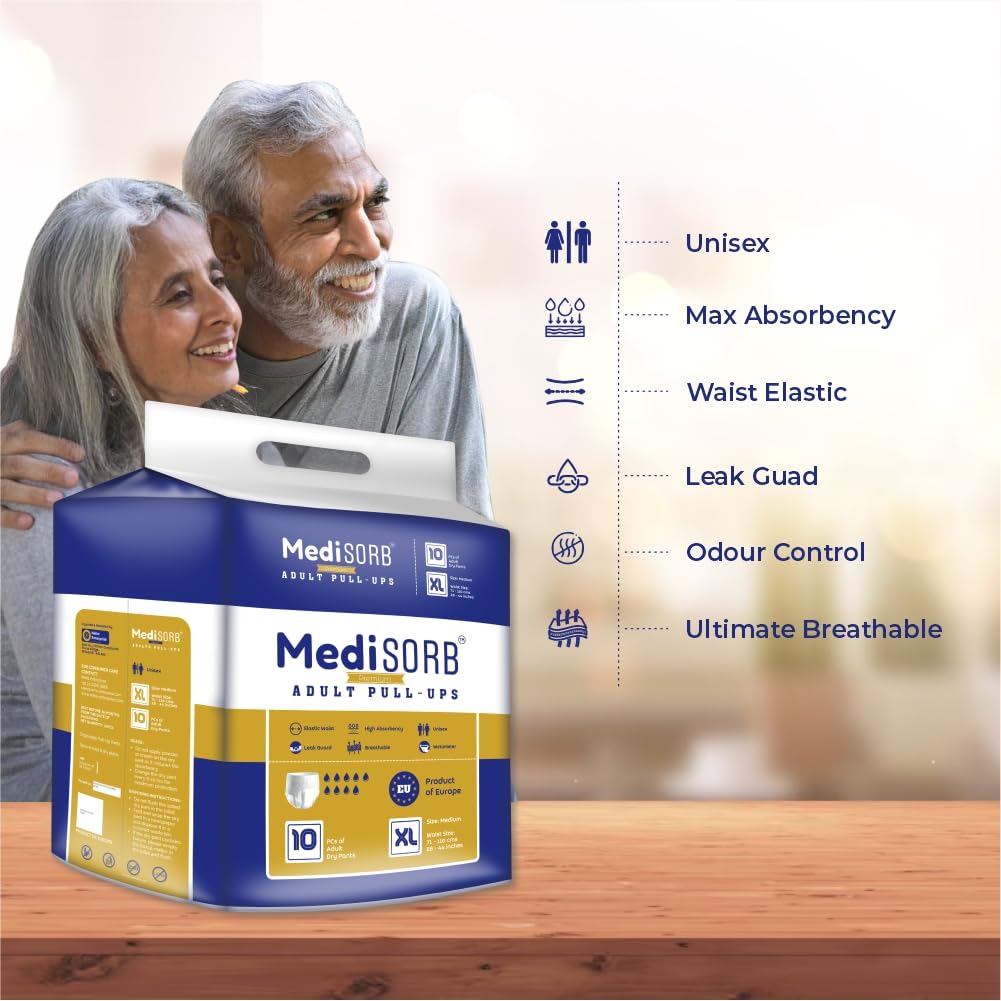 MediSORB Adult Diaper Pants | ExtraLarge (XL) |Waist 147-172 cm (58-68 inches) |High Absorbency 15 Hrs |Rash-Free |Leakproof |Breathable |Odourless |Elastic Waist |Men & Women | 10 Units, Pack of 1
