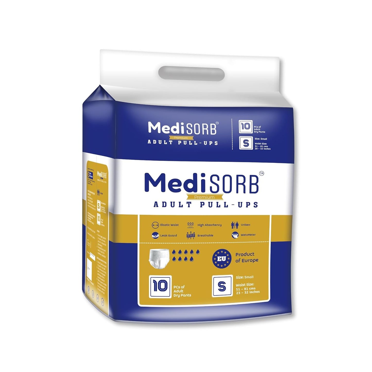 MediSORB Adult Diaper Pants | Small (S) |Waist 51-81 cm (23-32 inches) |High Absorbency -15 Hrs |Rash-Free |Leakproof |Breathable |Odourless |Elastic Waist |Unisex - Men & Women | 10 Units, Pack of 1