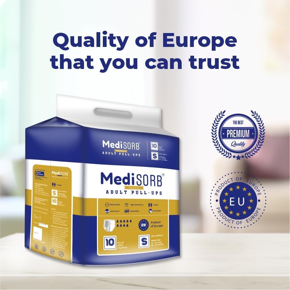 MediSORB Adult Diaper Pants | Small (S) |Waist 51-81 cm (23-32 inches) |High Absorbency -15 Hrs |Rash-Free |Leakproof |Breathable |Odourless |Elastic Waist |Unisex - Men & Women | 10 Units, Pack of 1