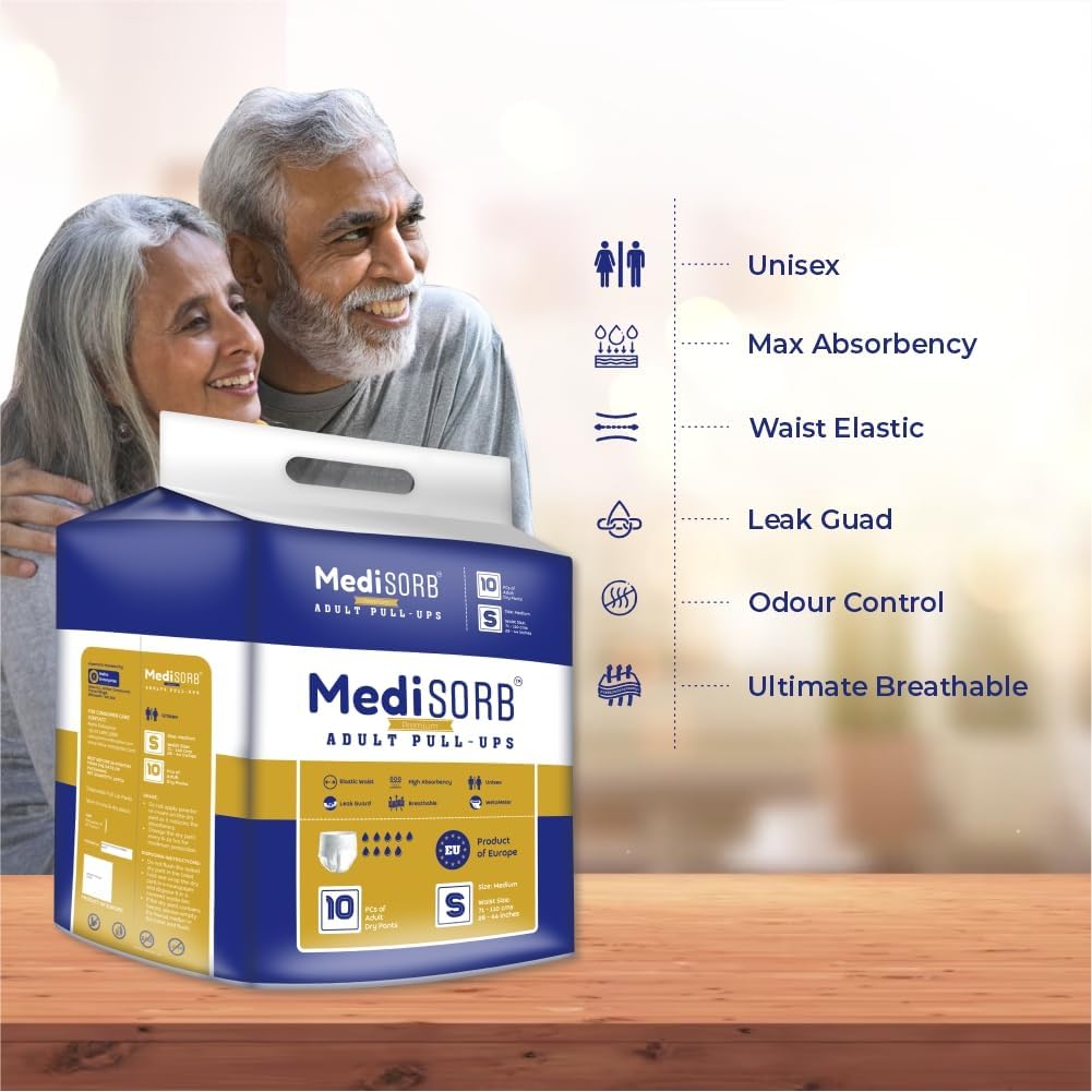MediSORB Adult Diaper Pants | Small (S) |Waist 51-81 cm (23-32 inches) |High Absorbency -15 Hrs |Rash-Free |Leakproof |Breathable |Odourless |Elastic Waist |Unisex - Men & Women | 10 Units, Pack of 1