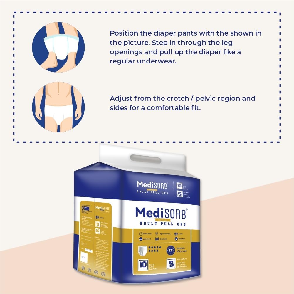 MediSORB Adult Diaper Pants | Small (S) |Waist 51-81 cm (23-32 inches) |High Absorbency -15 Hrs |Rash-Free |Leakproof |Breathable |Odourless |Elastic Waist |Unisex - Men & Women | 10 Units, Pack of 1