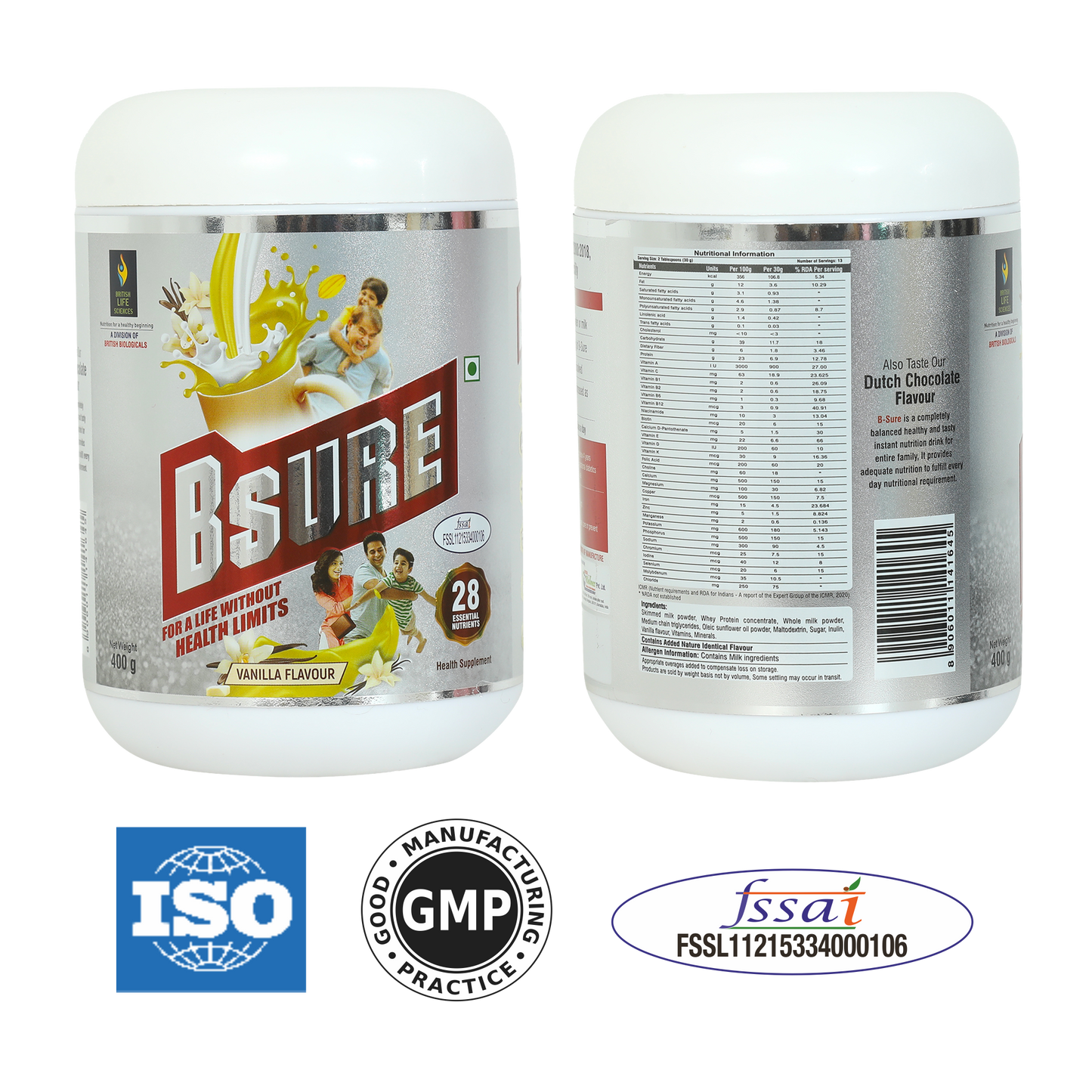 BRITISH LIFE SCIENCES | Bsure - Complete, Balanced & Nutrition Supplement Drink For The Entire Family | Delicious Vanilla Flavour Drink For Immunity | 400 g (Pack of 2)