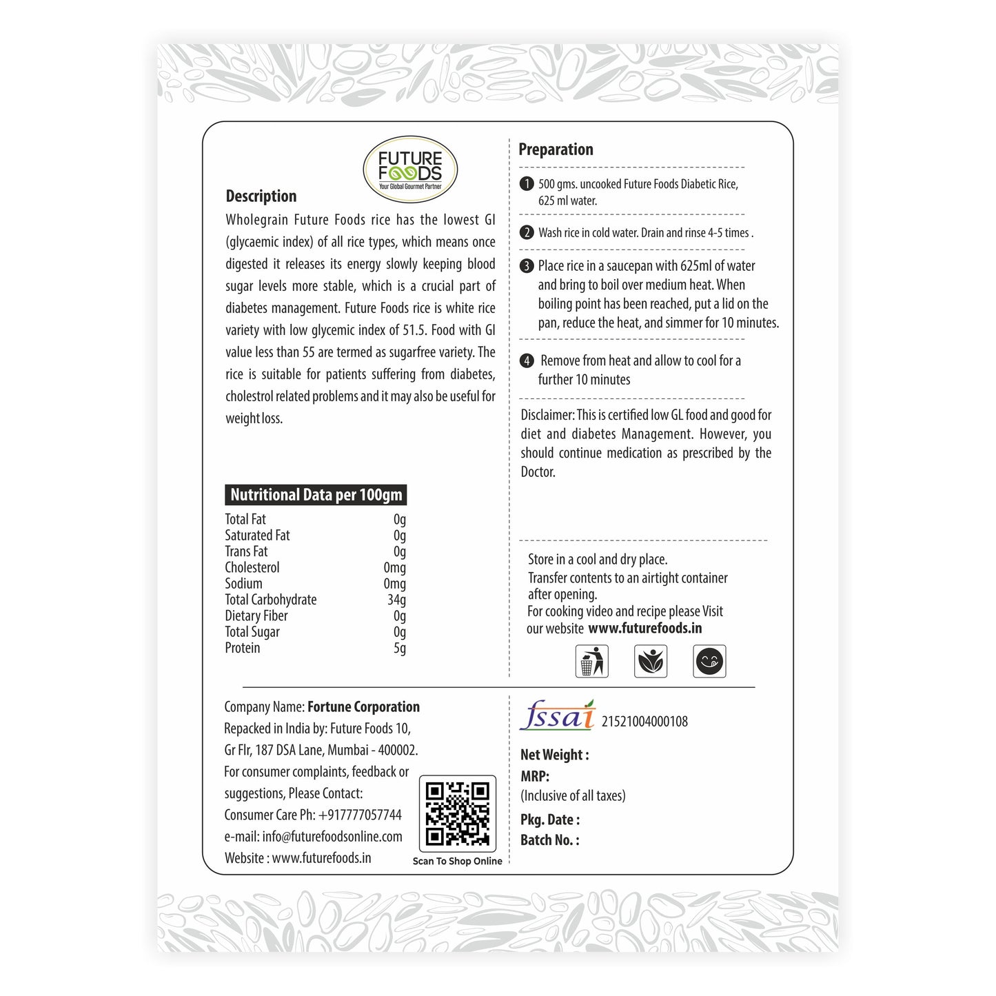 Future Foods Premium Diabetic Rice | Sugar Free | Gluten Free | Low Glycemic Index | Promotes Stable Blood Sugar Levels | Non-GMO | Vegan | 450g