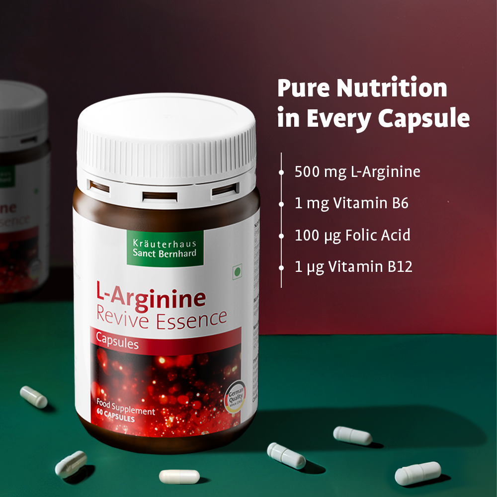 Sant Bernhard L-Arginine Capsules with B-Vitamins | With B12, B1, B6, Folic Acid & Riboflavin | Supports Energy, Blood Circulation & Heart Health | Vegan, Non-GMO | 1-Month Supply | 60 Capsules