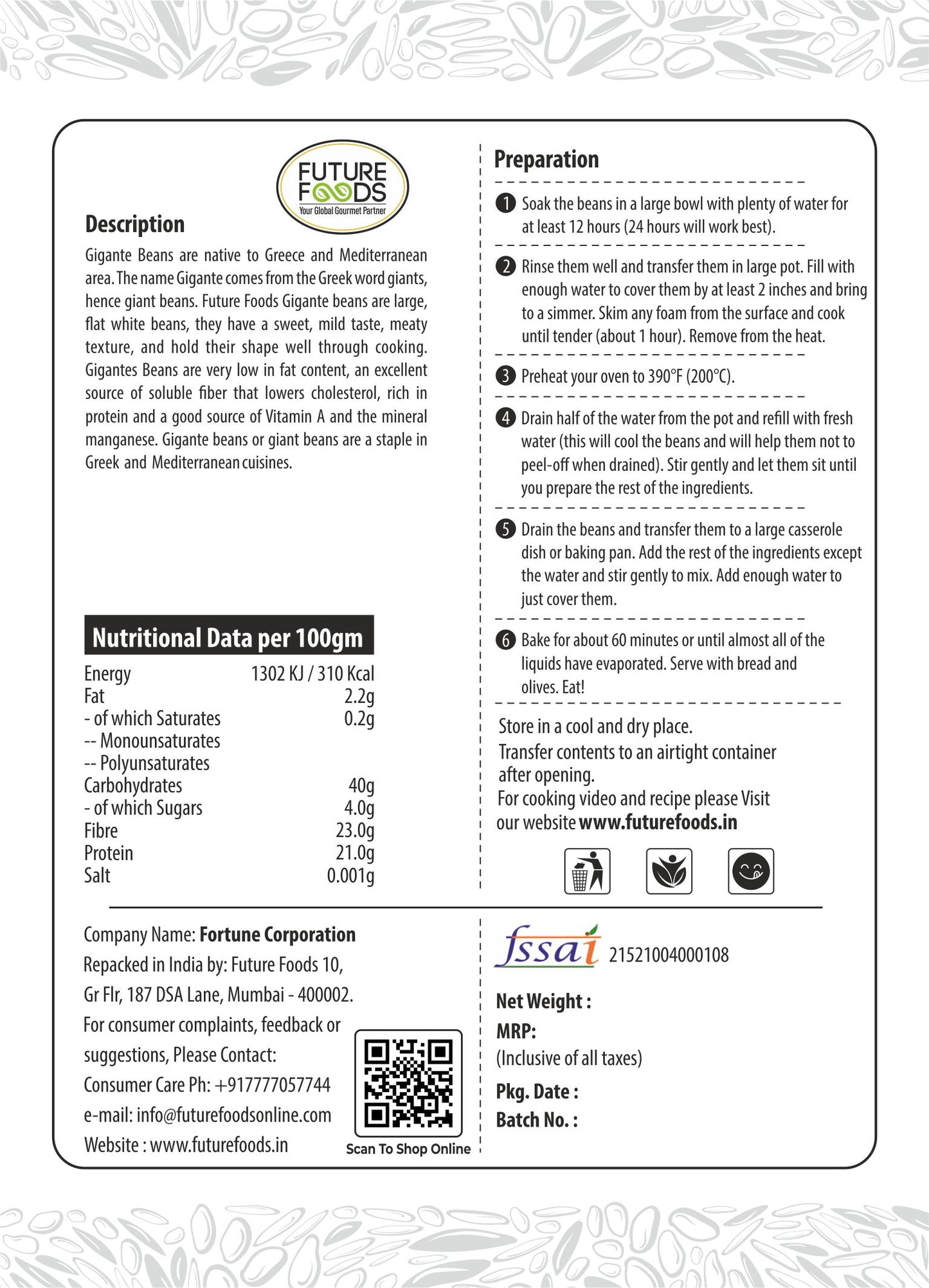 Future Foods Greek Gigante Beans | Double Butter Beans | Protein Rich | Good Source of Soluble Fiber & Vitamin A | Sweet & Mild Taste | Meaty Texture | Gluten Free | Low in Fat Content | 900g (Pack of 2)