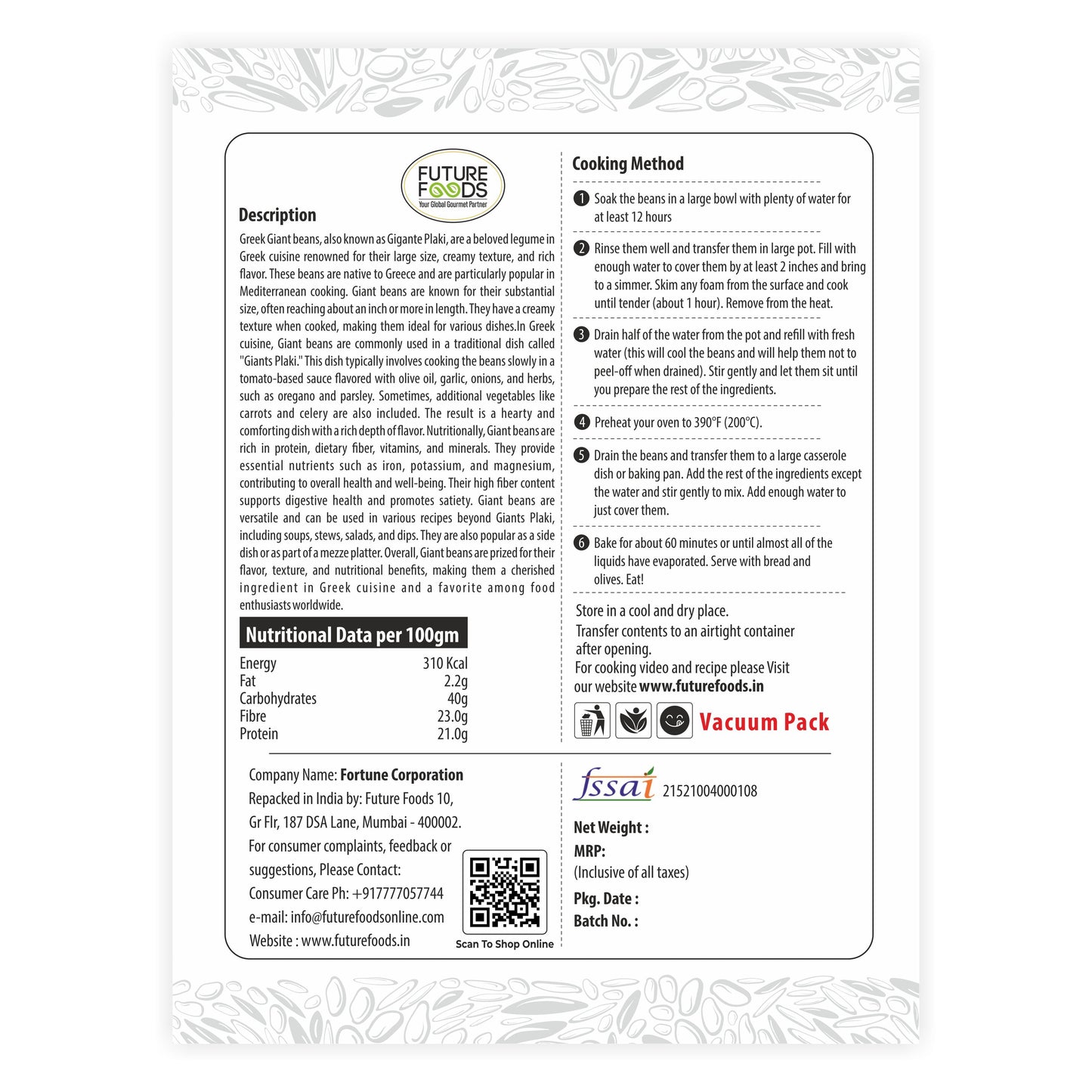 Future Foods Greek Gigante Beans | Double Butter Beans | Protein Rich | Good Source of Soluble Fiber & Vitamin A | Sweet & Mild Taste | Meaty Texture | Gluten Free | Low in Fat Content | 450g