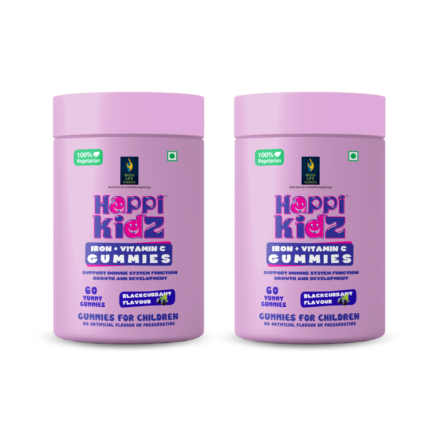 Nutrition For A Healthy Beginning Happi Kidz Iron + Vitamin C Gummies For Kids-(60 Gummy Bears) -Supports Immune System Function, Blackcurrent Flavor (Pack of 2)