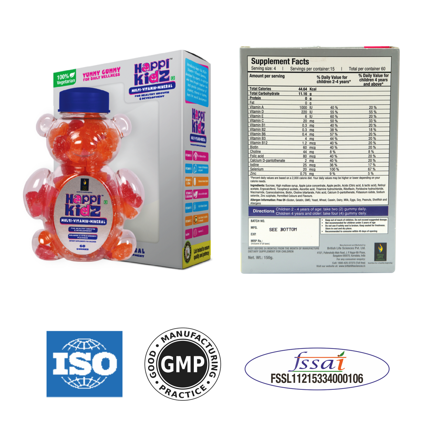 Happi Kidz Multivitamin Gummies For Kids - (60 Count Gummy Bears) - with 16 essential vitamins and minerals - Supports Growth and Immunity -Orange & Strawberry - Children above 2 years (Pack of 2)