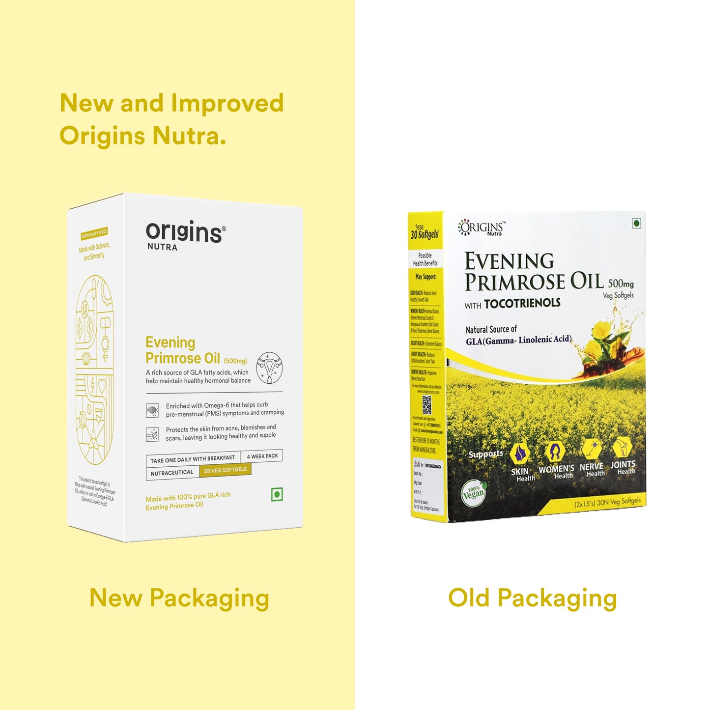 Origins Nutra Evening Primrose Oil | Supports Hormonal Balance, Lowers PMS Symptoms, Improves Skin Health| Evening Primrose Oil | GMP Certified | For Men & Women | 28 Veg Soft Gels Pack of 2