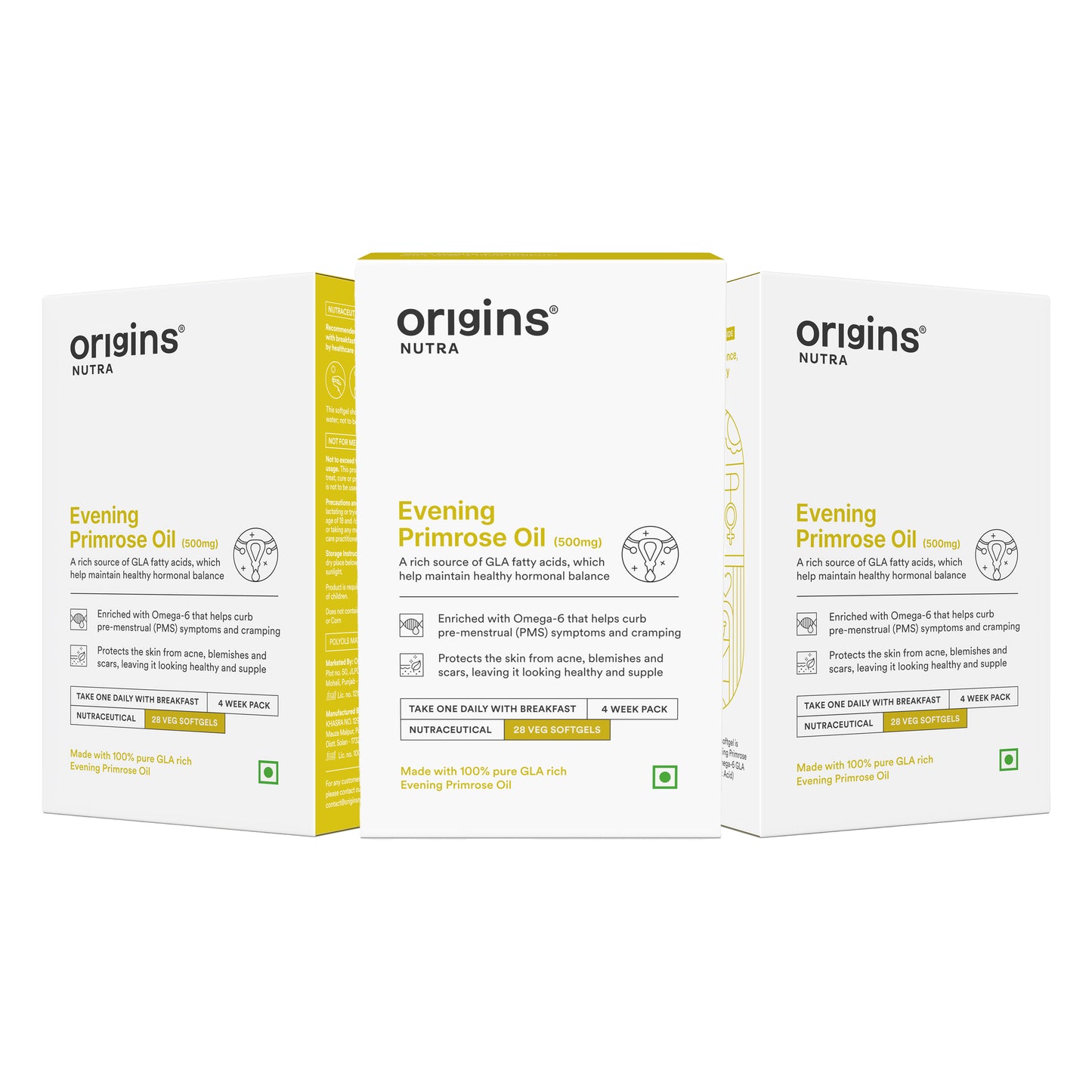Origins Nutra Evening Primrose Oil | Supports Hormonal Balance, Lowers PMS Symptoms, Improves Skin Health| Evening Primrose Oil | GMP Certified | For Men & Women | 28 Veg Soft Gels Pack of 3