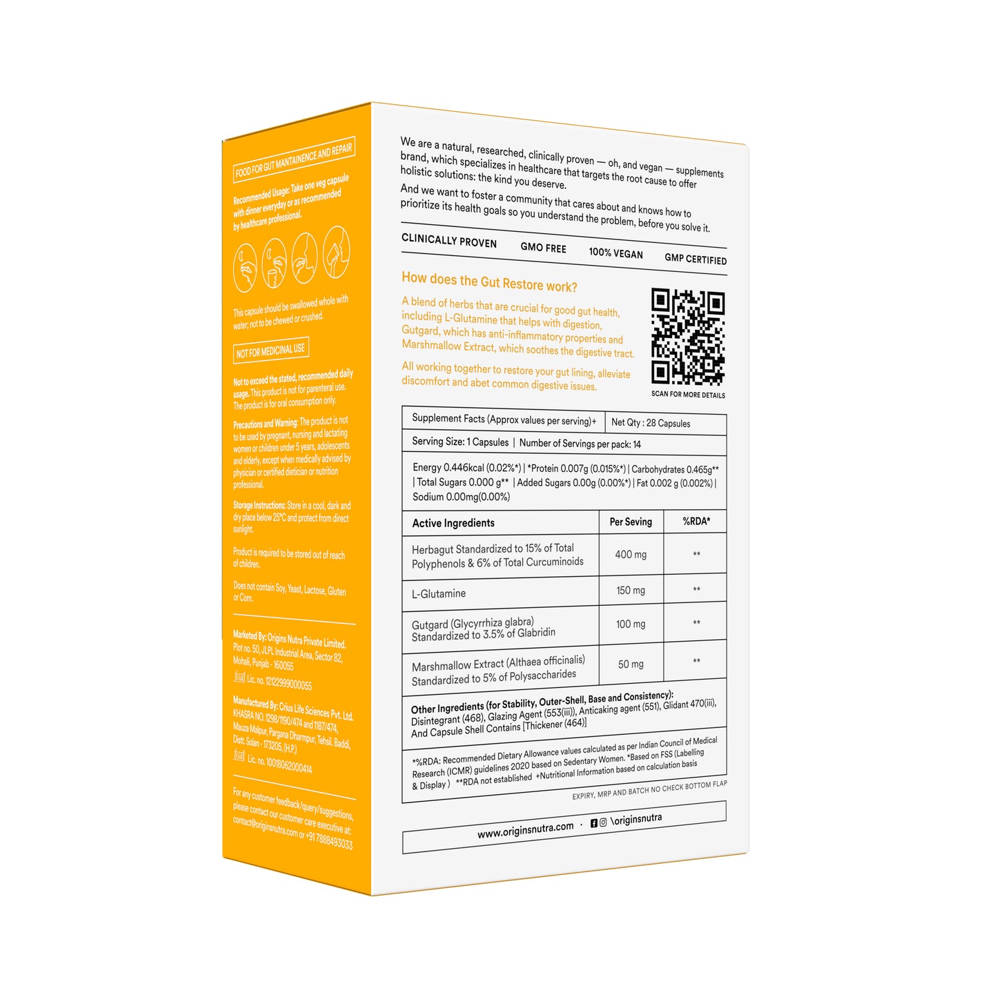 Origins Nutra Gut Restore| Leaky Gut Supplement| Gut lining,GERD, IBS,Constipation relief Herbal Blend with L-Glutamine| Non-GMO| GMP Certified| For Men&Women 28 Veg Capsules Pack of 2
