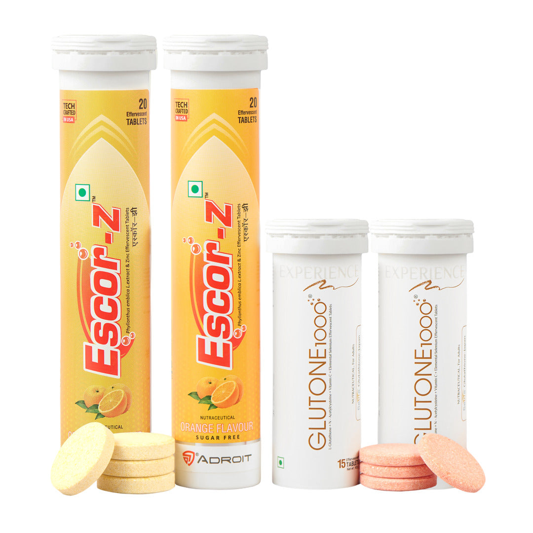 Glutone 1000 & Escor-Z Combo Pack| Setria L-Glutathione, Vitamin C Effervescent Tablets| Healthy Skin| 15 (2) + 20 (2) Tablets (Orange Flavour)