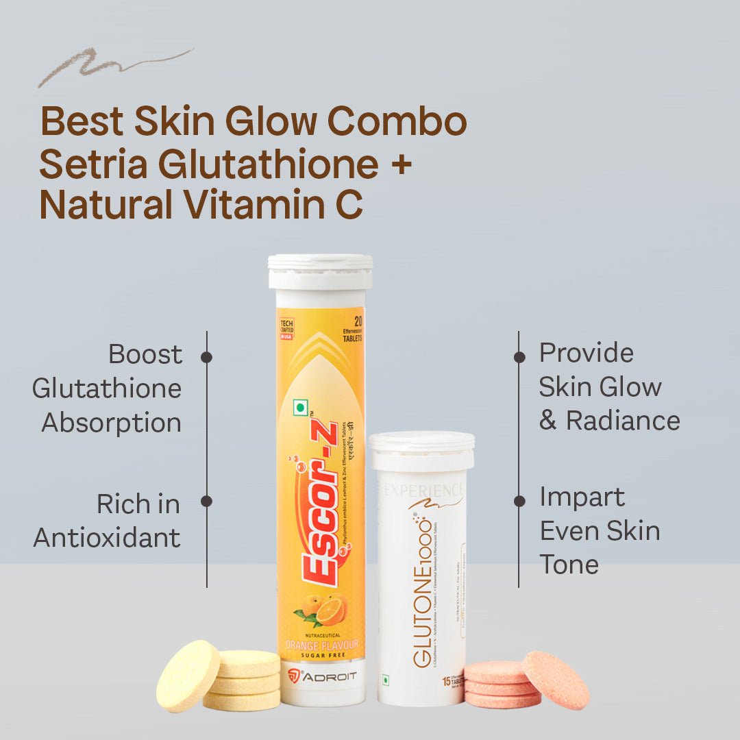 Glutone 1000 & Escor-Z Combo Pack| Setria L-Glutathione, Vitamin C Effervescent Tablets| Healthy Skin| 15 (2) + 20 (2) Tablets (Orange Flavour)