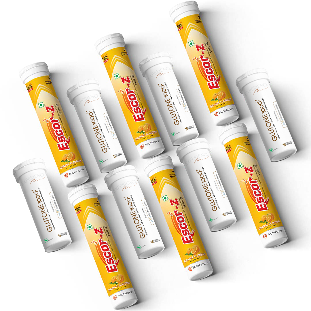 Glutone 1000 & Escor-Z Combo Pack| Setria L-Glutathione, Vitamin C Effervescent Tablets| Healthy Skin| 15 (6) + 20 (6) Tablets (Orange Flavour)