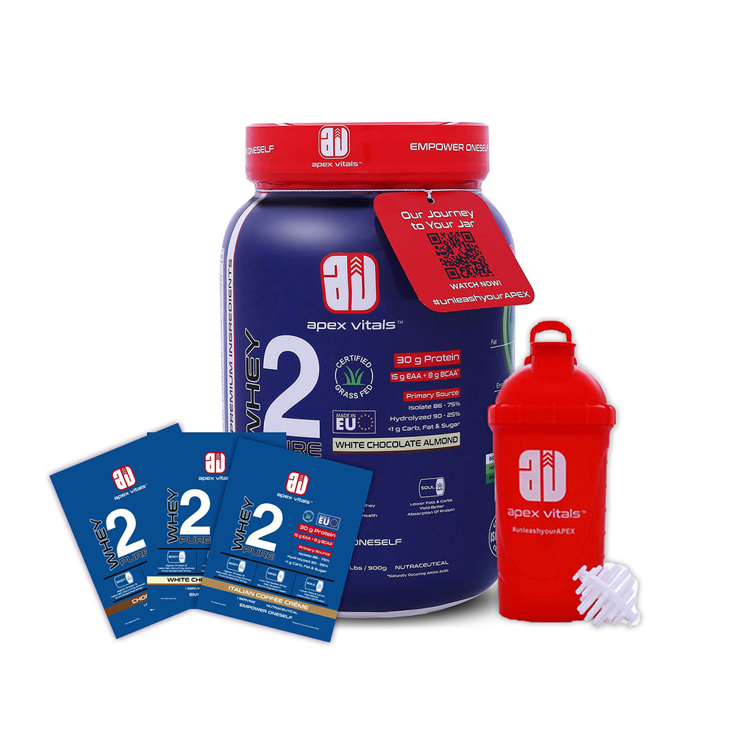 Apex Vitals Whey 2 Pure - Grass-Fed Whey Made in EU | Whey Isolate & Hydrolyzed | 30g Protein, 15g EAA, 8g BCAA | Digestive Enzymes | Muscle Build & Recovery |White Chocolate Almond - 900g 2Lbs, Shakers, Samples