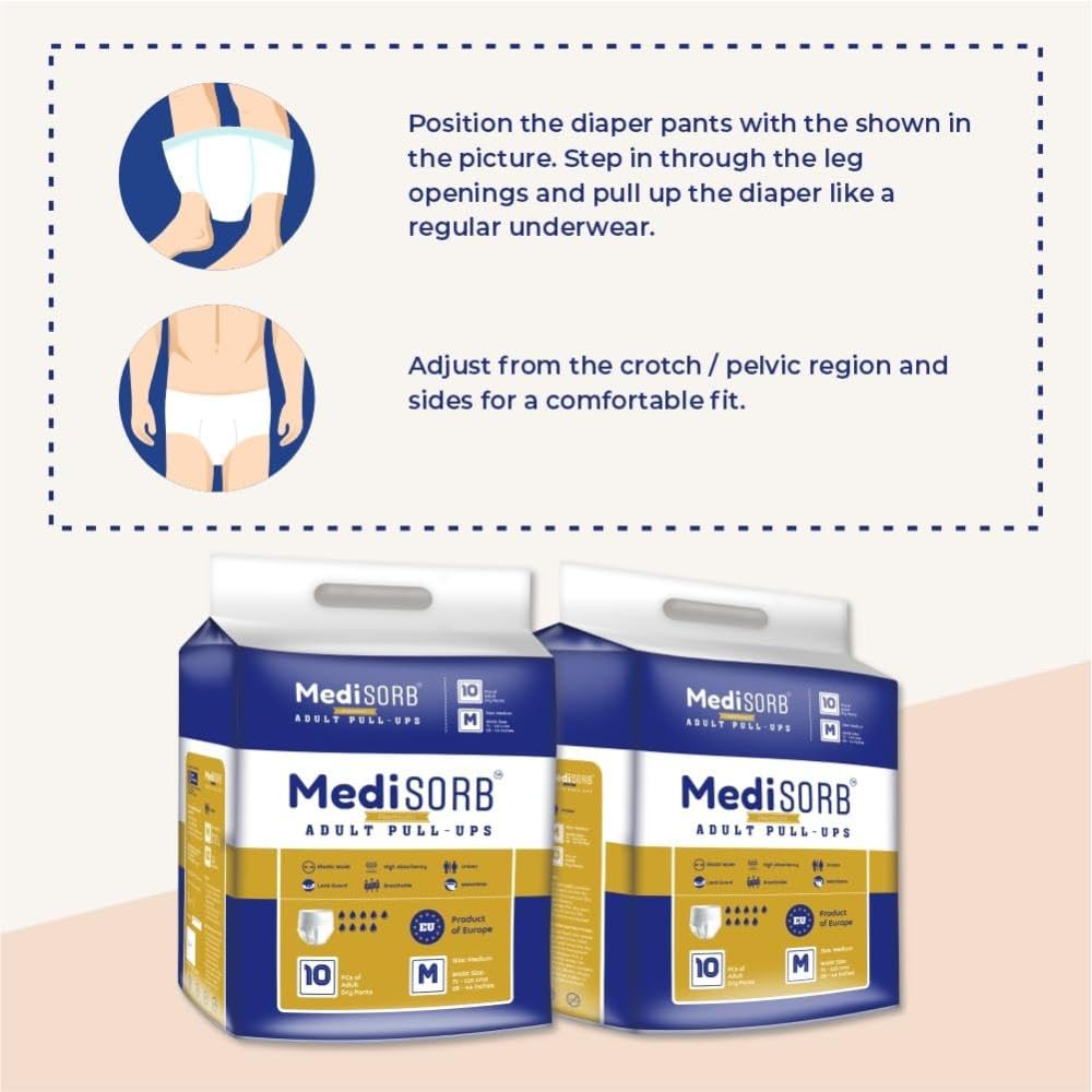 MediSORB Adult Diaper Pants | Medium (M) |Waist 71-110 cm (28-44 inches) |High Absorbency -15 Hrs |Rash-Free |Leakproof |Breathable |Odourless |Elastic Waist |Unisex- Men & Women | 20 Units, Pack of 2