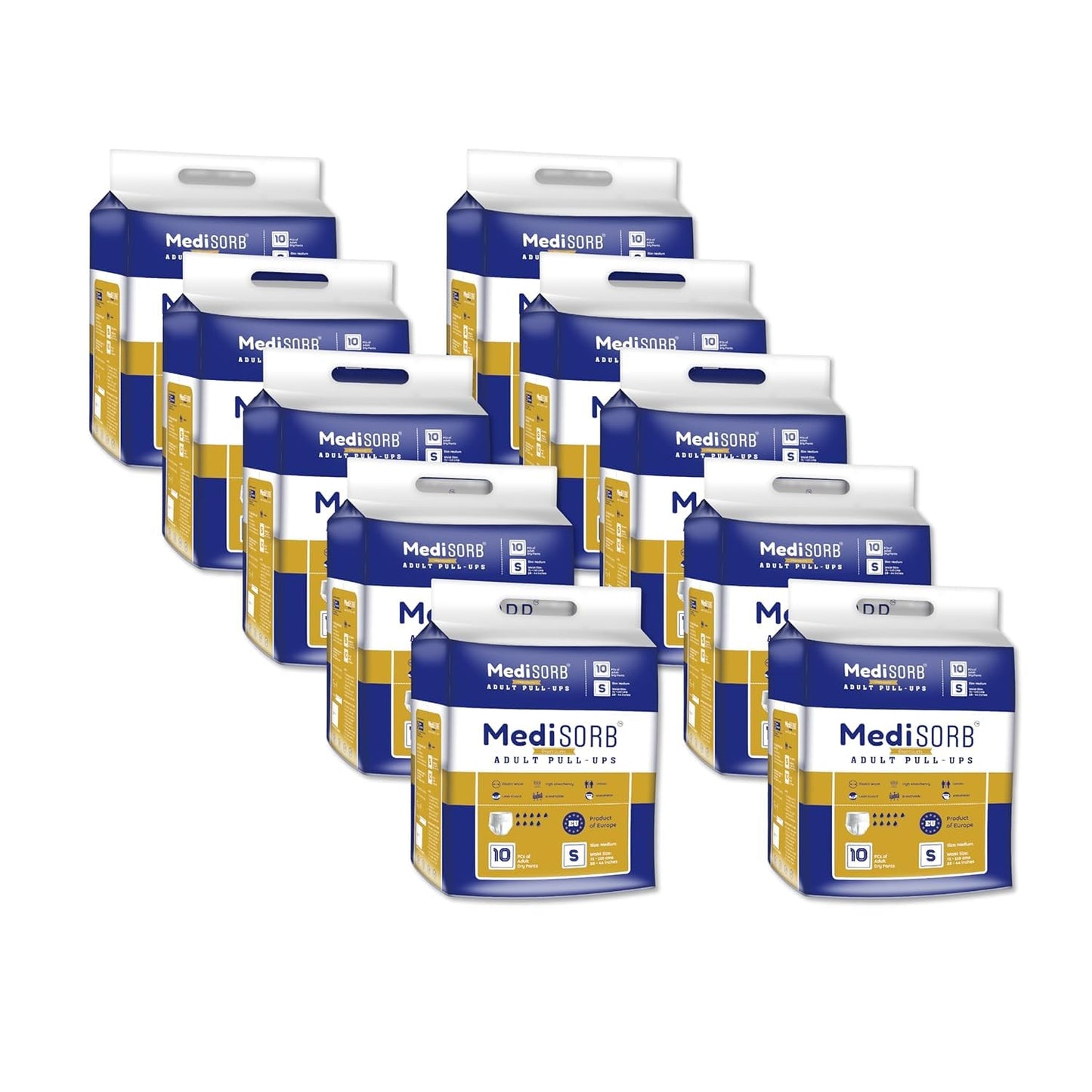 MediSORB Adult Diaper Pants | Small (S) |Waist 51-81 cm (23-32 inches) |High Absorbency -15 Hrs |Rash-Free |Leakproof |Breathable |Odourless |Elastic Waist |Unisex- Men & Women | 100 Units, Pack of 10
