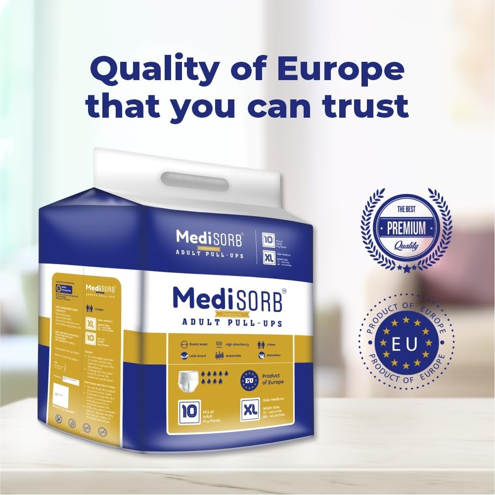 MediSORB Adult Diaper Pants | ExtraLarge (XL) |Waist 147-172 cm (58-68 inches) |High Absorbency 15 Hrs |Rash-Free |Leakproof |Breathable |Odourless |Elastic Waist |Men & Women | 50 Units, Pack of 5