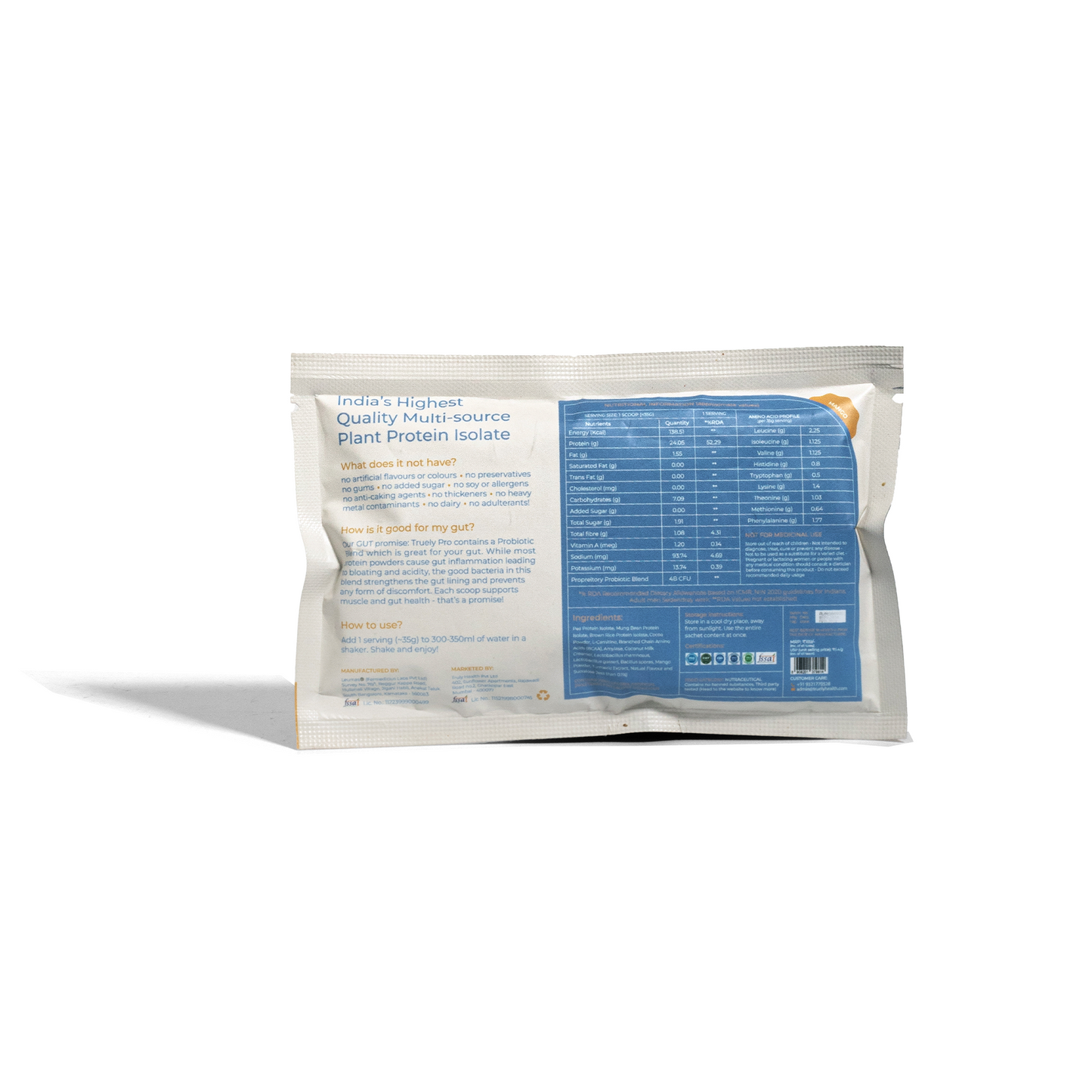 Truely Pro - Vegan Plant Protein | 24g Protein/Serving | 4 Bn CFU Probiotics | 3 Protein Sources - Pea, Brown Rice & Moong Bean | No Artificial Flavours | THIRD-PARTY TESTED | Mango | 500GM