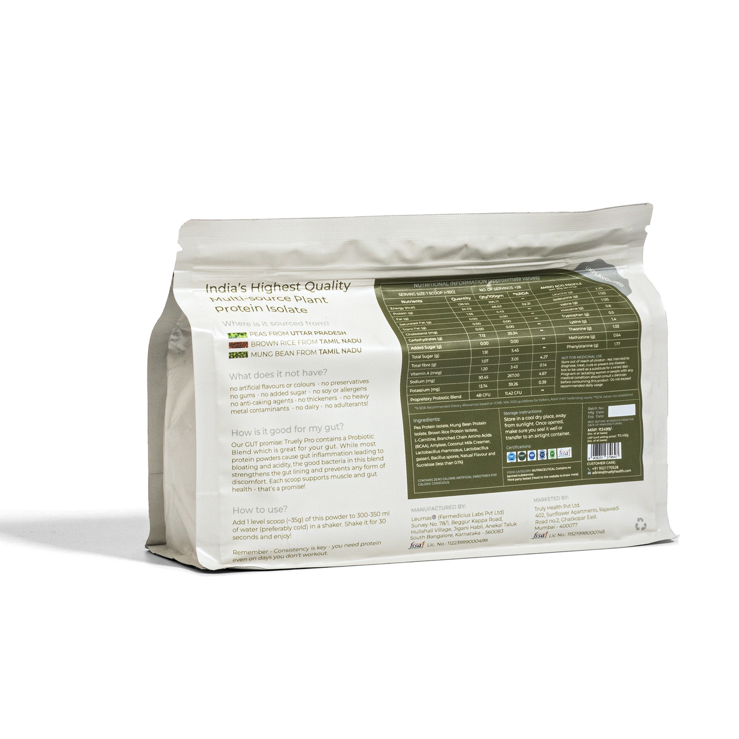 Truely Pro - Vegan Plant Protein | 24g Protein/Serving | 4 Bn CFU Probiotics | 3 Protein Sources - Pea, Brown Rice & Moong Bean | No Artificial Flavours | THIRD-PARTY TESTED | Unflavoured | 500GM