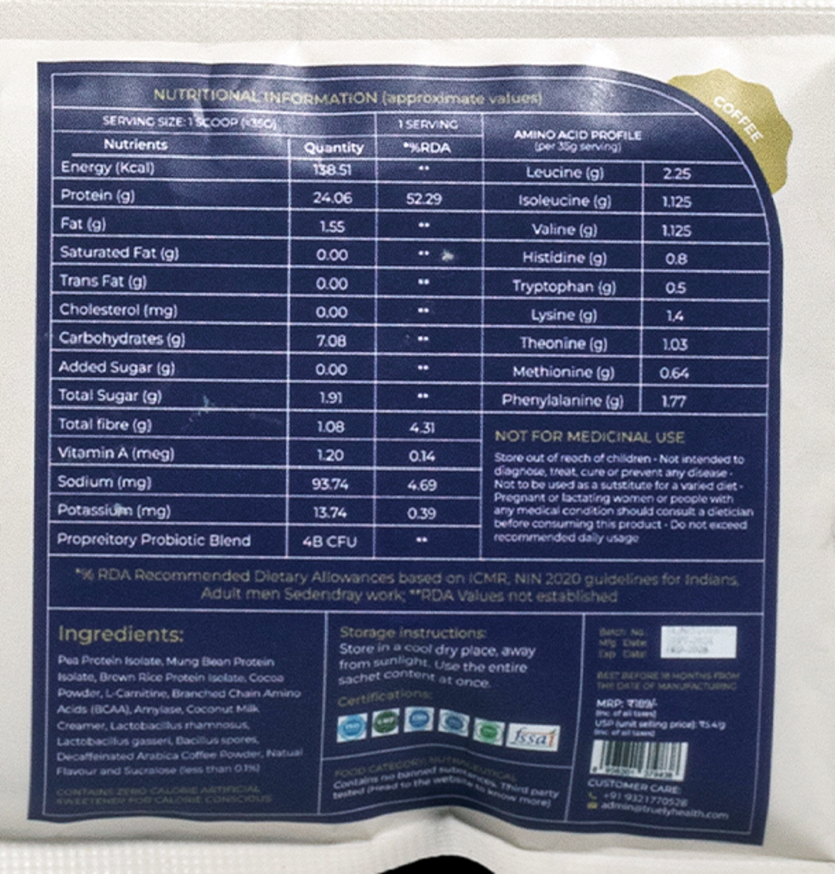 Truely Pro - Vegan Plant Protein | 24g Protein/Serving | 4 Bn CFU Probiotics | 3 Protein Sources - Pea, Brown Rice & Moong Bean | No Artificial Flavours | THIRD-PARTY TESTED | Coffee | 3 Servings