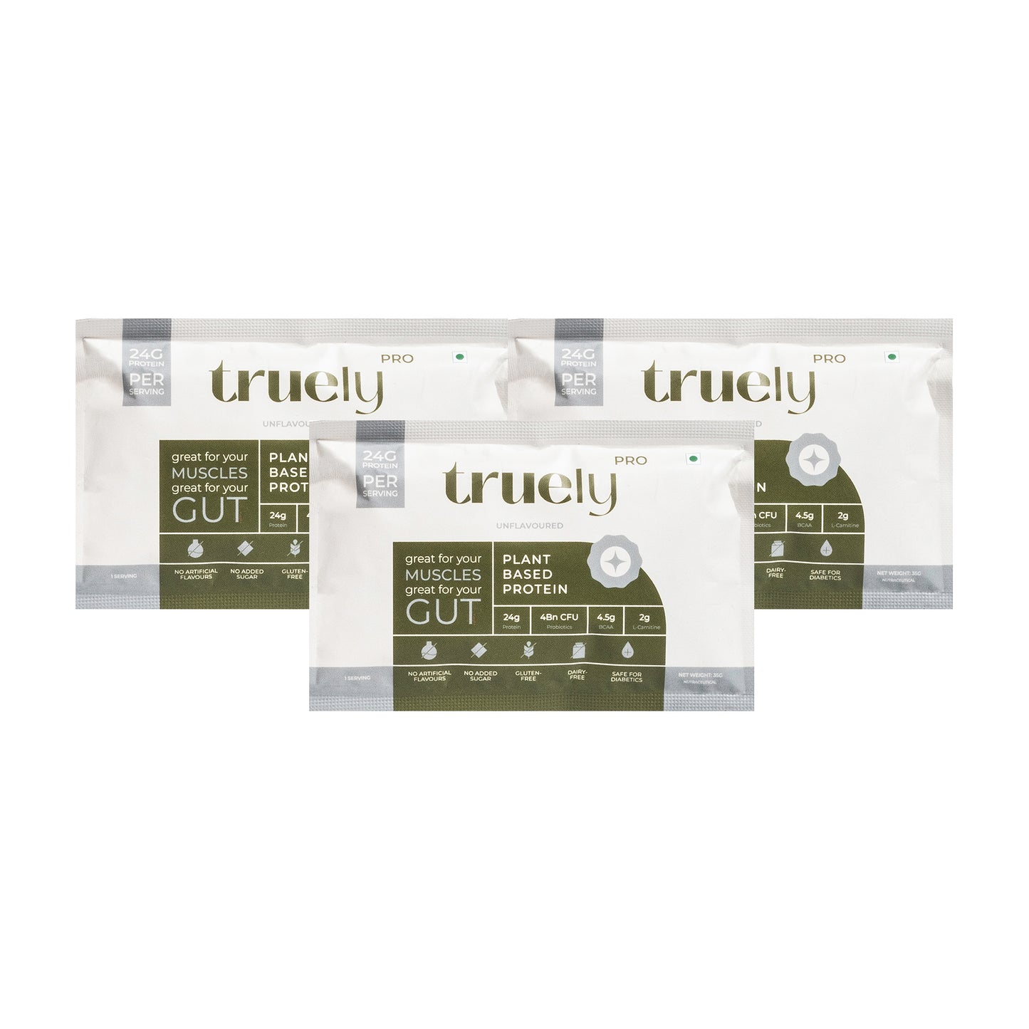 Truely Pro - Vegan Plant Protein | 24g Protein/Serving | 4 Bn CFU Probiotics | 3 Protein Sources - Pea, Brown Rice & Moong Bean | No Artificial Flavours | THIRD-PARTY TESTED | Unflavoured | 3 Serv.