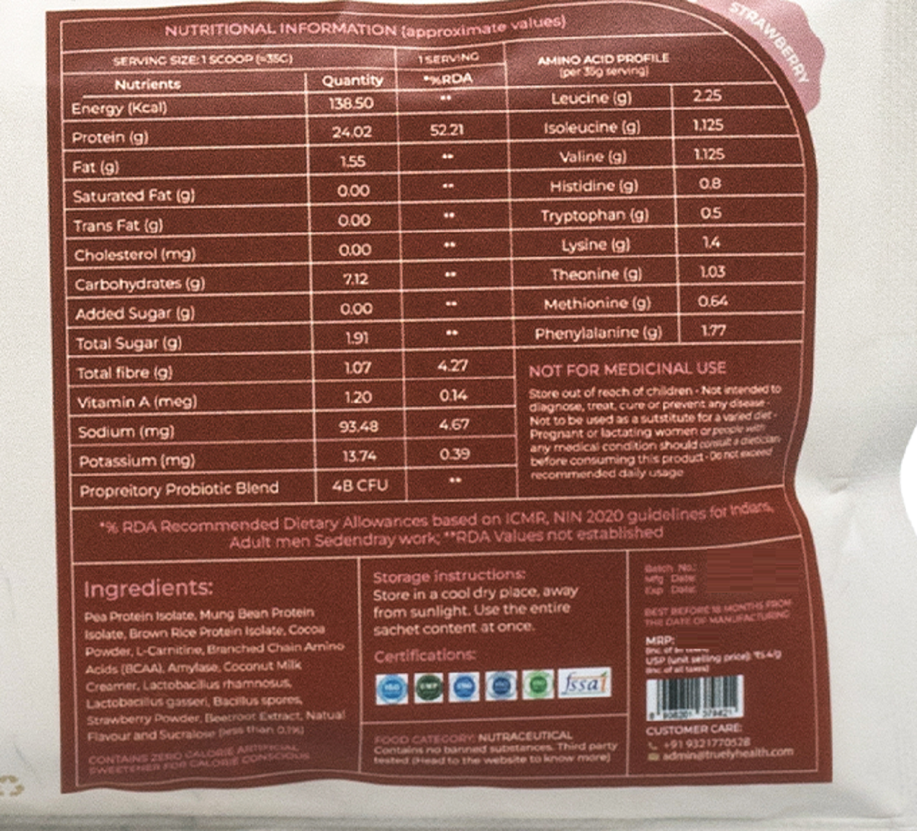 Truely Pro - Vegan Plant Protein | 24g Protein/Serving | 4 Bn CFU Probiotics | 3 Protein Sources - Pea, Brown Rice & Moong Bean | No Artificial Flavours | THIRD-PARTY TESTED | Strawberry | 1KG