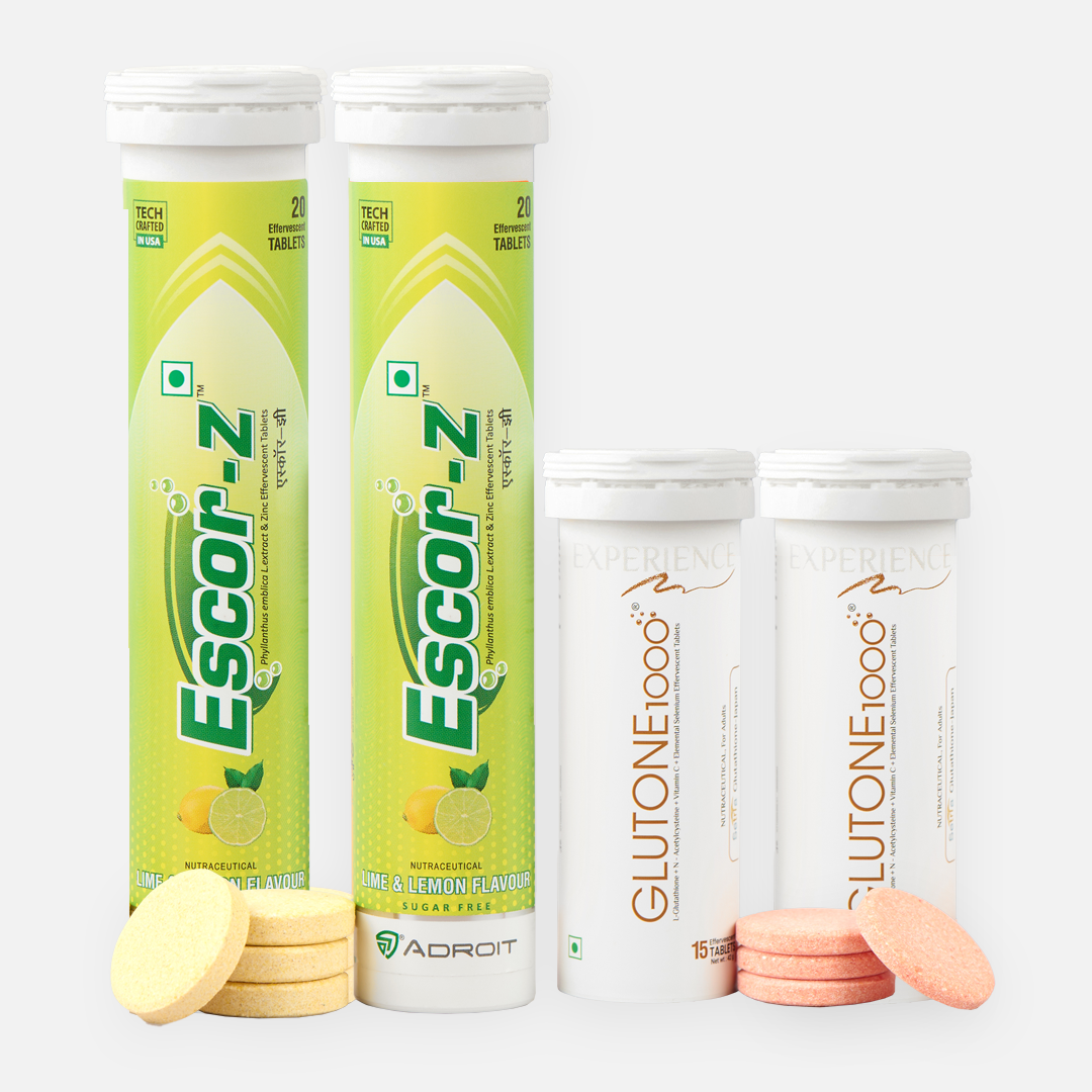 Glutone 1000 & Escor-Z Combo Pack| Setria L-Glutathione, Vitamin C Effervescent Tablets| Healthy Skin|Pack of 15 (2) + 20 (2) Tablets (Lime & Lemon Flavour)