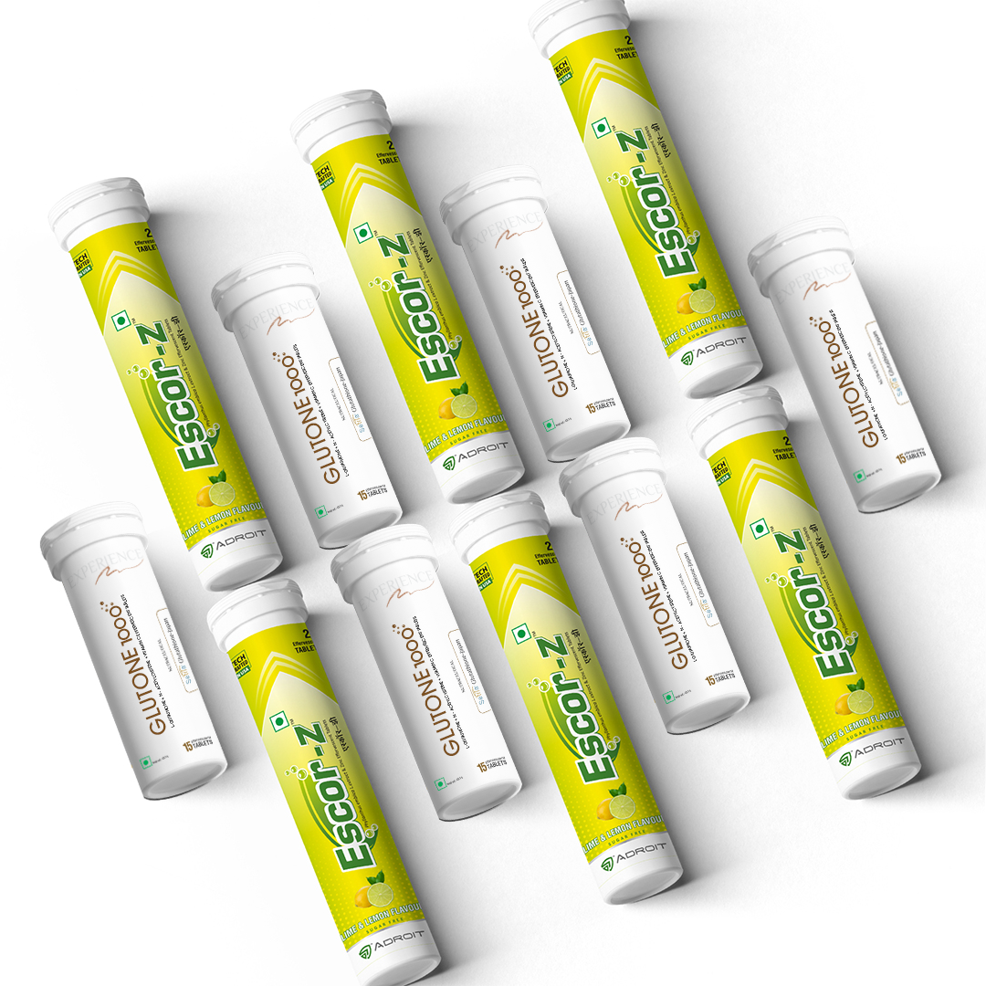 Glutone 1000 & Escor-Z Combo Pack| Setria L-Glutathione, Vitamin C Effervescent Tablets| Healthy Skin| 15 (6) + 20 (6) Tablets (Lime & Lemon Flavour)