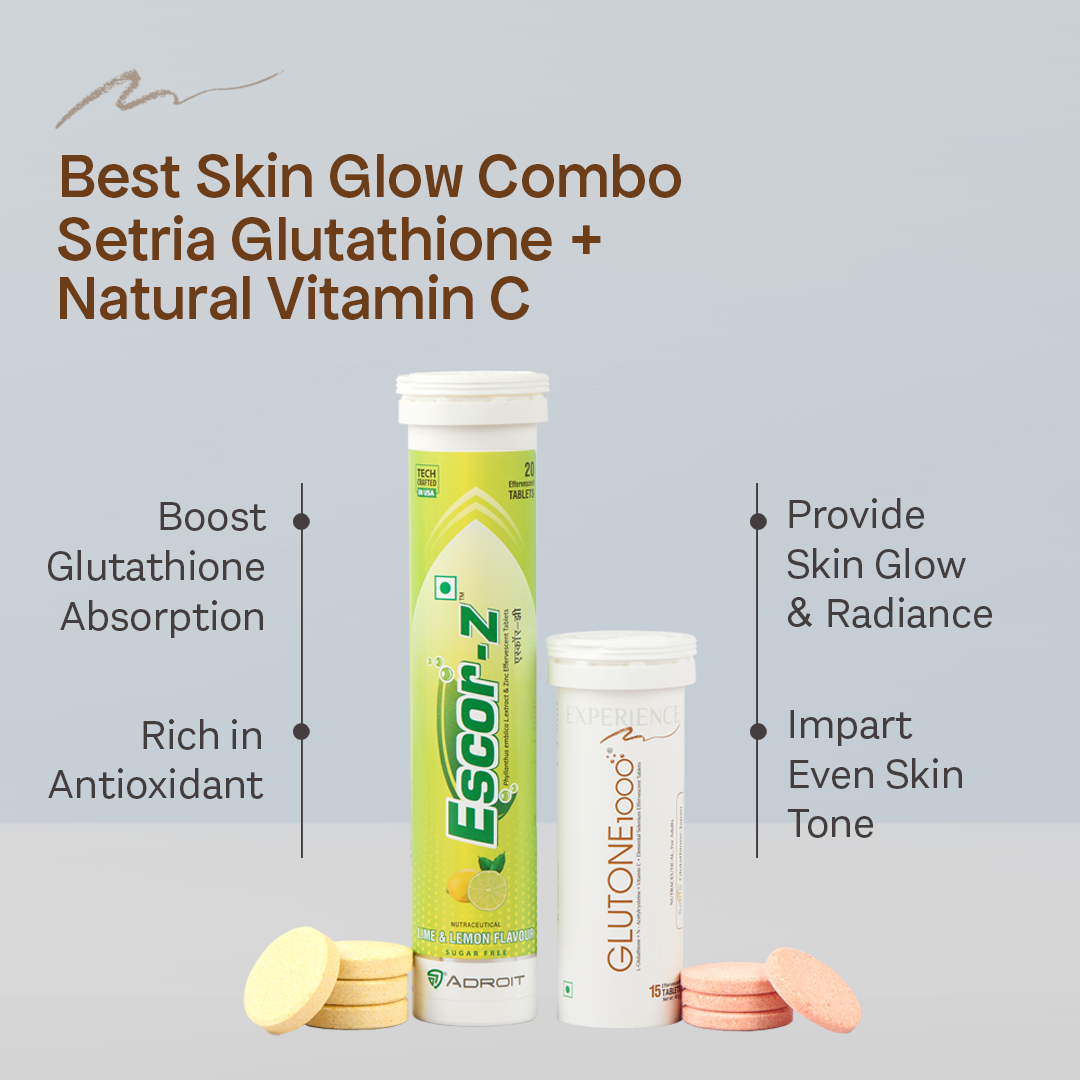 Glutone 1000 & Escor-Z Combo Pack| Setria L-Glutathione, Vitamin C Effervescent Tablets| Healthy Skin| 15 (6) + 20 (6) Tablets (Lime & Lemon Flavour)