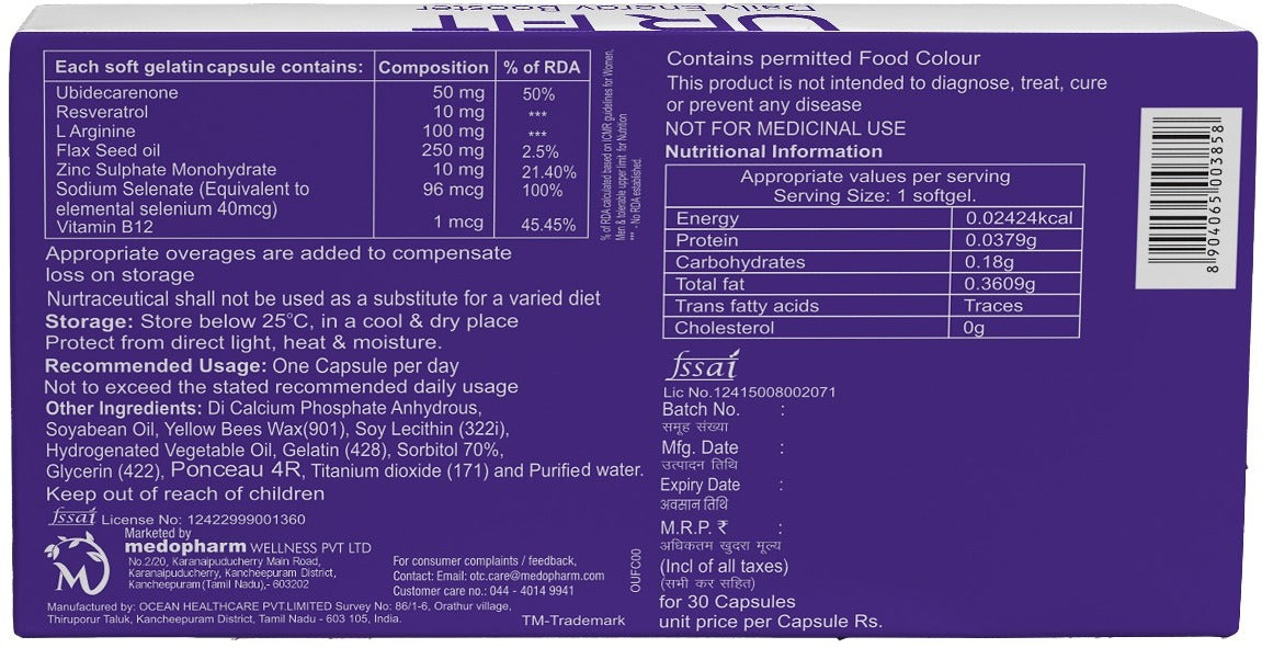 Medopharm Wellness UR Fit | CoQ10, L-Arginine, Zinc, Selenium, Vitamin B12 | Metabolism, Strong Muscles, Heart Support, Immunity & Stamina | Energy Booster | Men and Women | Multivitamin | 30 Capsules