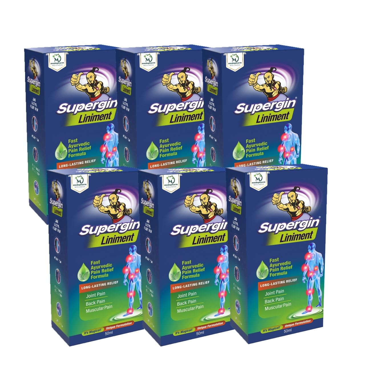 Supergin Liniment Oil - 50ml | Ayurvedic Pain Relief Formula | Quick Relief from Arthritis Pain, Joint Pain, Muscle Pain, Back Pain, and Shoulder Pain (Pack of 6)
