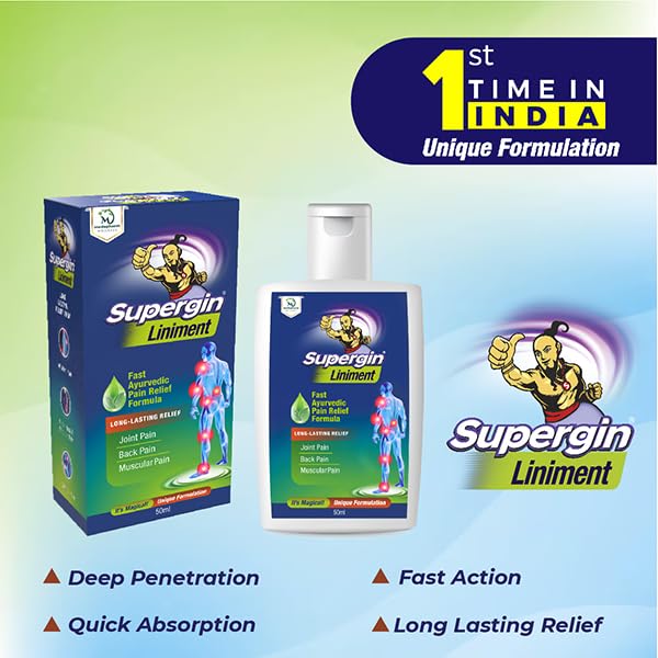 Supergin Liniment Oil - 50ml | Ayurvedic Pain Relief Formula | Quick Relief from Arthritis Pain, Joint Pain, Muscle Pain, Back Pain, and Shoulder Pain (Pack of 6)