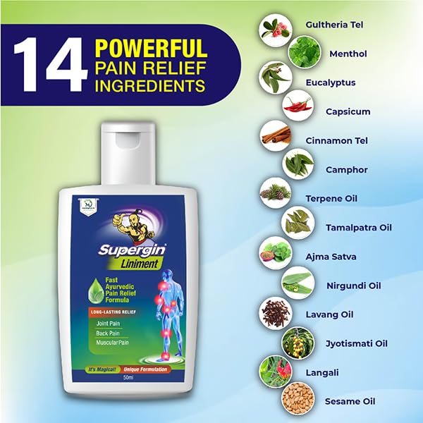 Supergin Liniment Oil - 50ml | Ayurvedic Pain Relief Formula | Quick Relief from Arthritis Pain, Joint Pain, Muscle Pain, Back Pain, and Shoulder Pain (Pack of 6)