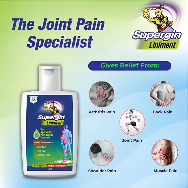 Supergin Liniment Oil - 50ml | Ayurvedic Pain Relief Formula | Quick Relief from Arthritis Pain, Joint Pain, Muscle Pain, Back Pain, and Shoulder Pain (Pack of 6)