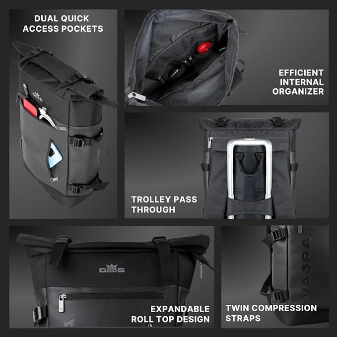 GODS Vajra Roll Top 15.6 inch Polyester Laptop Tech Backpack(25 Ltrs, Black)
