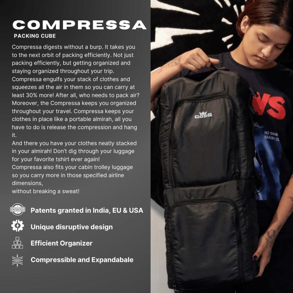 GODS Compressa compression packing cube|Compressible and Expandable Organizer(25 Ltrs, Black)
