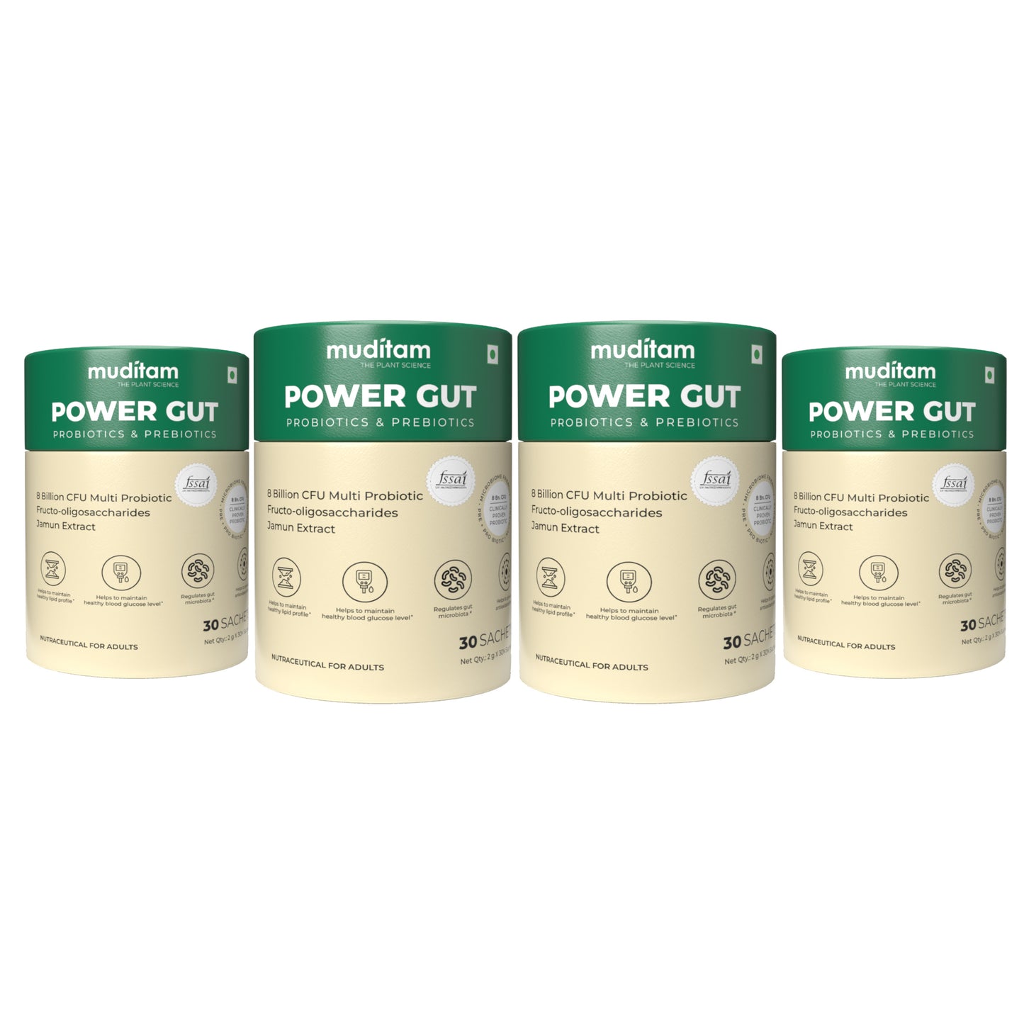 Muditam Ayurveda Power Gut - Prebiotics & Probiotics Supplement | Constipation, Bloating, Gas & Acidity Relief | Clinically Proven Strain | 120 Sachet (Pack of 4)