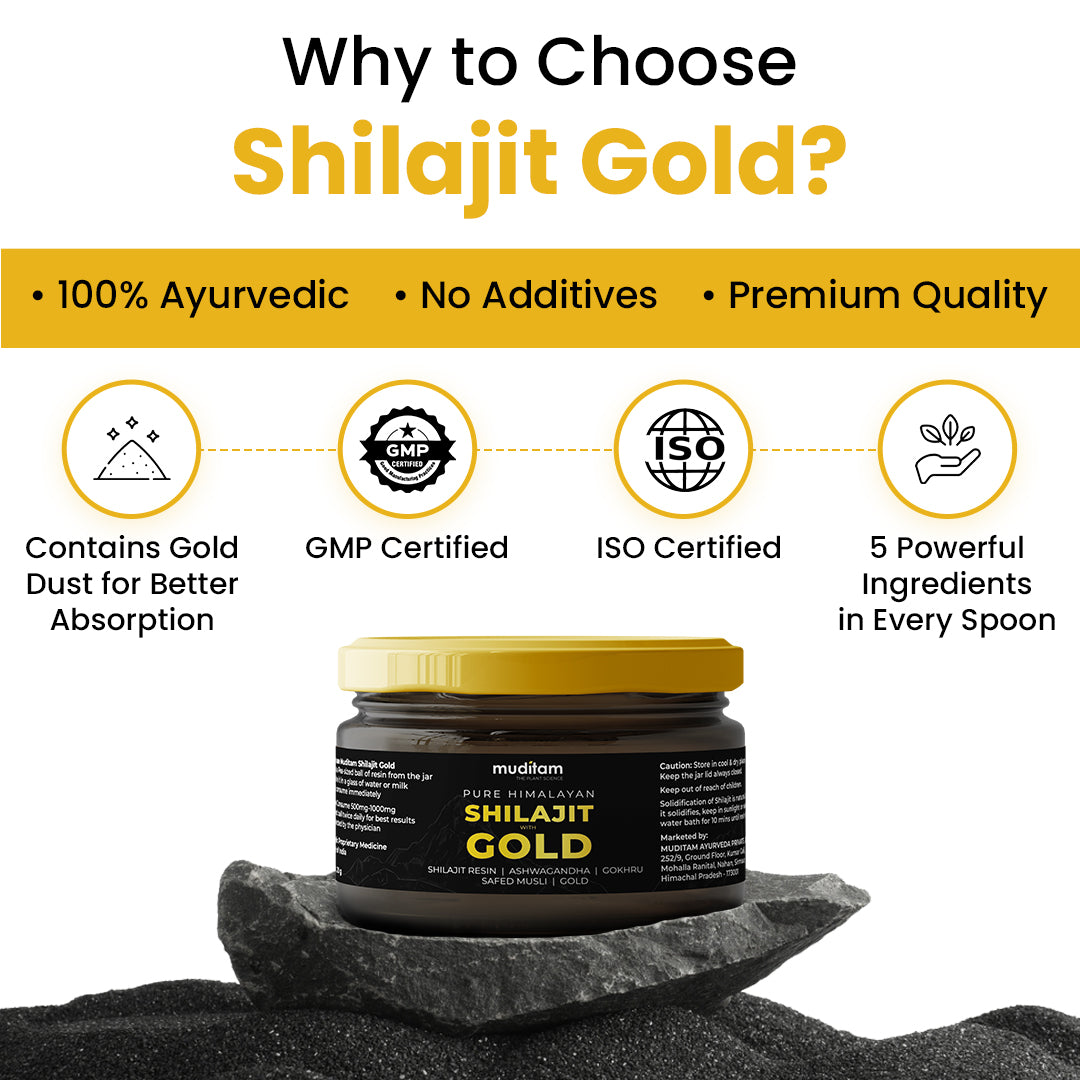 Muditam Ayurveda Shilajit Gold | boost in Strength, Stamina & Muscle building | Clinically Proven Strain | 100% Ayurvedic | 20g (Pack of 3)