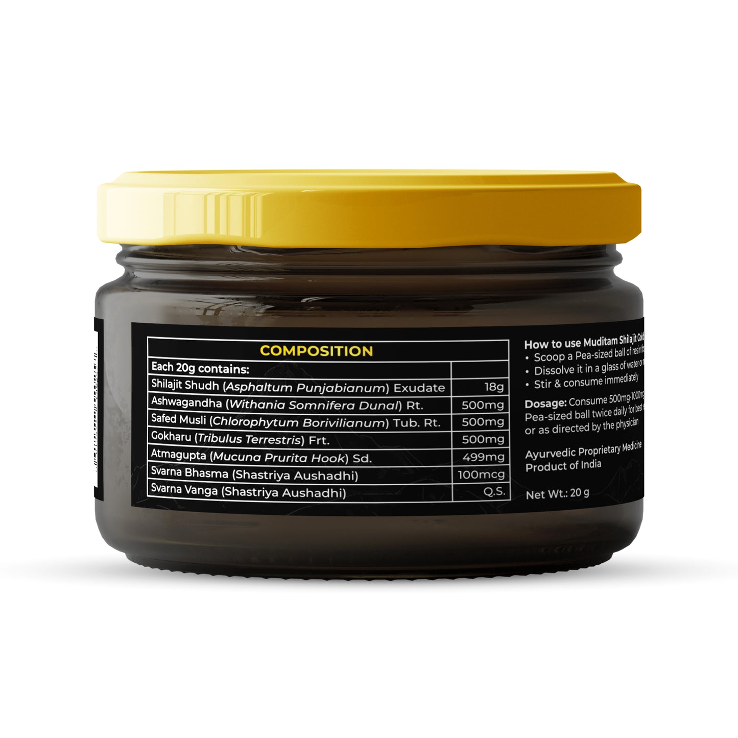 Muditam Ayurveda Shilajit Gold | boost in Strength, Stamina & Muscle building | Clinically Proven Strain | 100% Ayurvedic | 20g (Pack of 4)