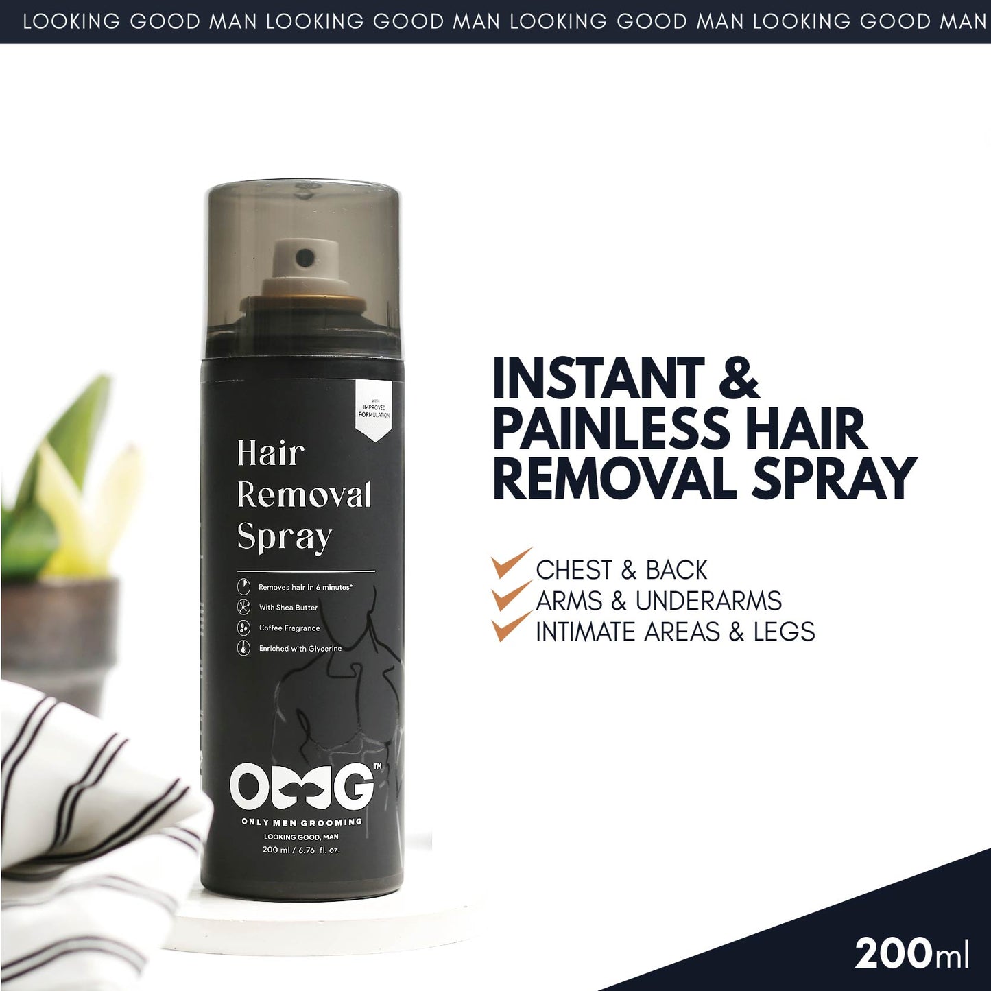 OMG Hair Removal Spray for Men Pack of 2 | Painless Body Hair Removal spray | with Coffee Fragrance Shea Butter and Glycerine | Works in less than 10 minutes | 200ml
