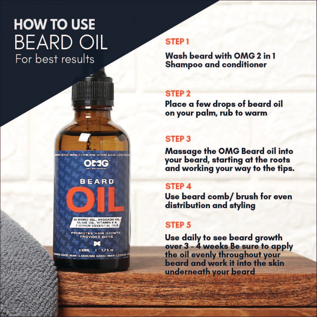OMG Buy 1 Get 1 Beard Growth Oil 50ml+50ml | Promotes Hair Growth and Gives Shine | Enriched with Vitamin E and 100% Natural Ingredients | Contains Almond Oil, Avocado Oil, Olive Oil
