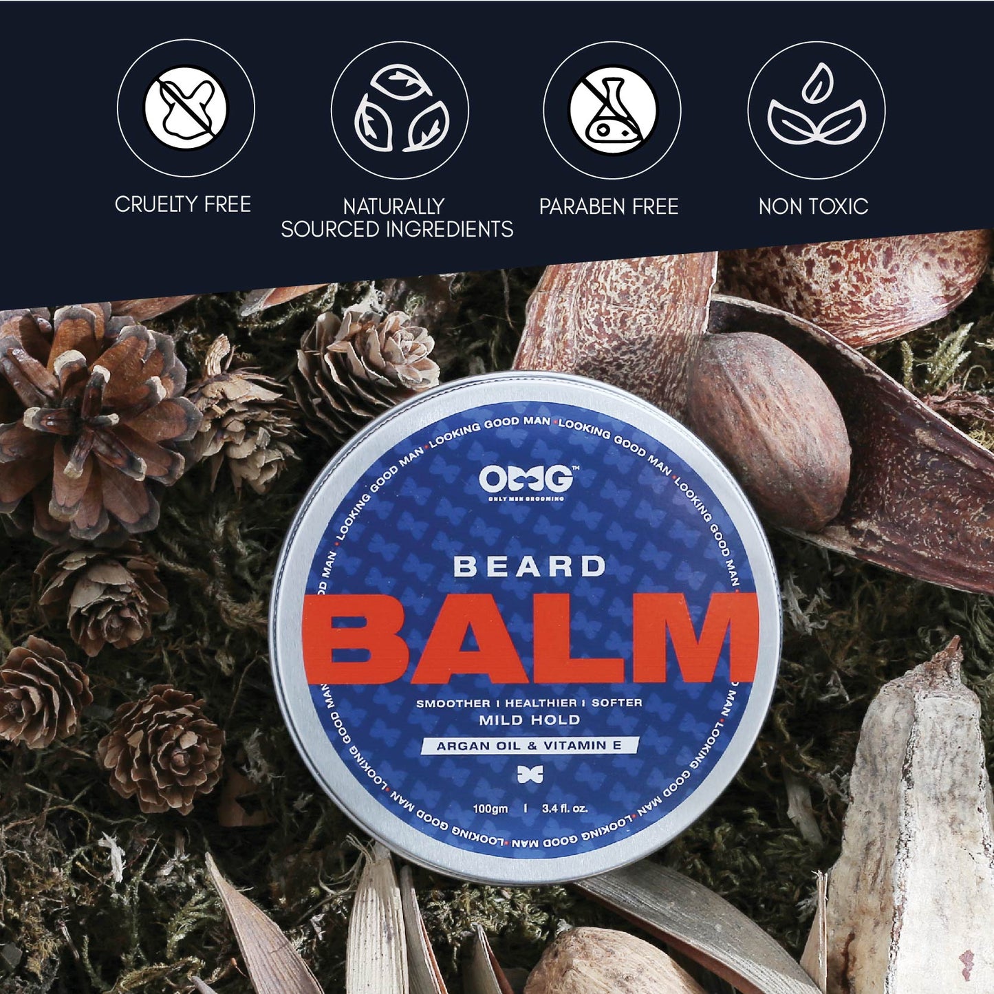 OMG Beard Shampoo & Conditioner 180ml and OMG Beard Balm 100gm Combo | Promotes Hair Growth, Gives Shine, Reduces Dandruff | Contains Natural Oils & Vitamin C | Beard Styling for Mild Hold
