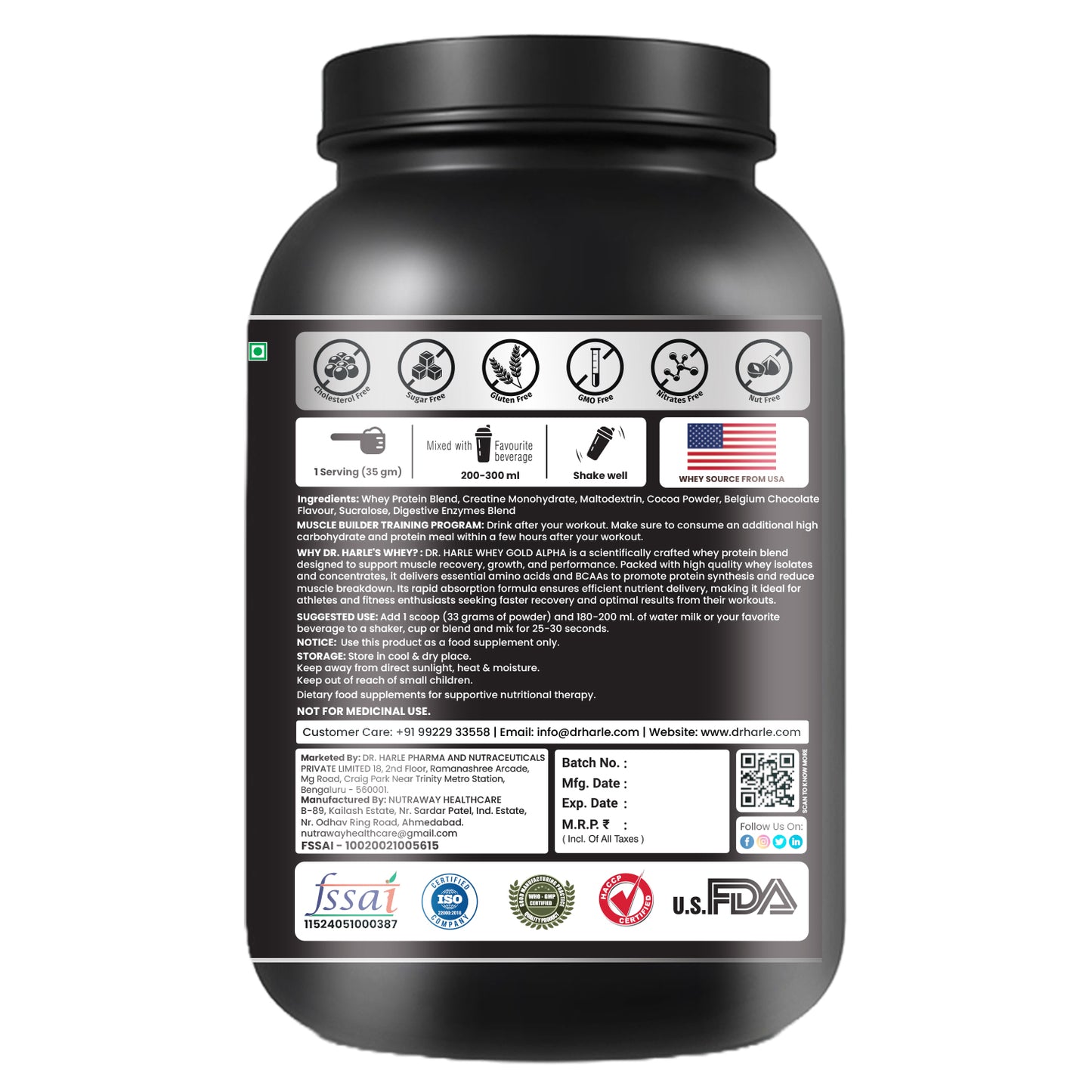 DR. HARLE Alpha Whey Protein Powder 1kg | Gold Standard Whey for Muscle Building, Rich in Amino Acids, 26g Protein, 11.9g EAA, Gluten & Sugar Free Protein Supplement - 1Kg Belgian Chocolate