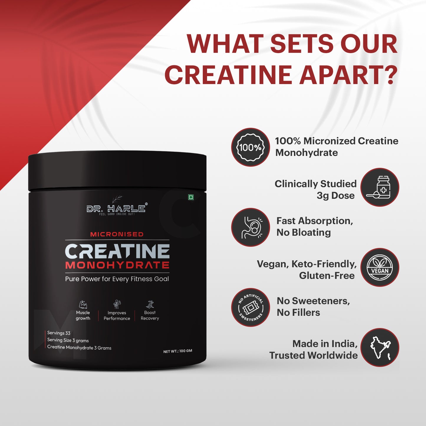 DR. HARLE Pure Creatine Monohydrate Powder 3g Per Serving | Unflavored Micronized for Muscle Growth, Strength & Recovery | 100gm 33 Servings | Dope Free Creatine Mono Hydrate Supplement