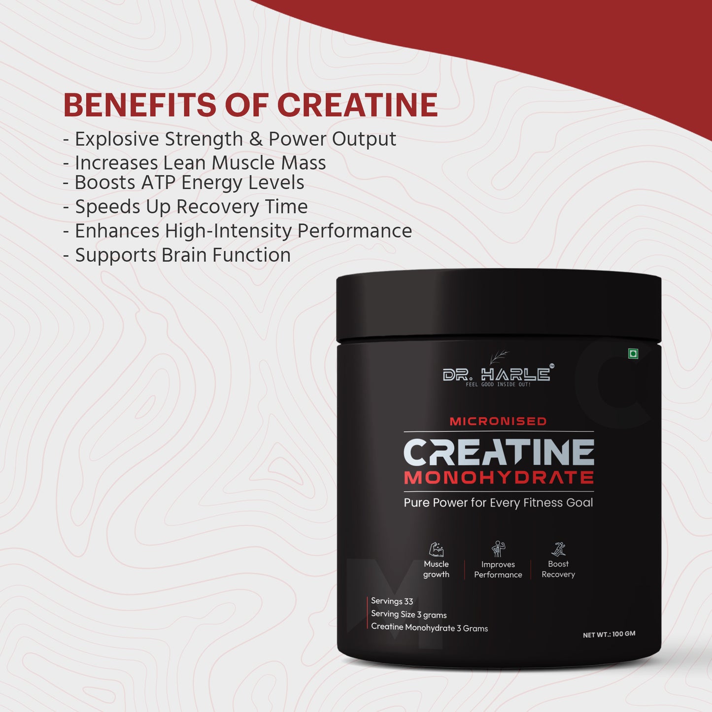 DR. HARLE Pure Creatine Monohydrate Powder 3g Per Serving | Unflavored Micronized for Muscle Growth, Strength & Recovery | 100gm 33 Servings | Dope Free Creatine Mono Hydrate Supplement