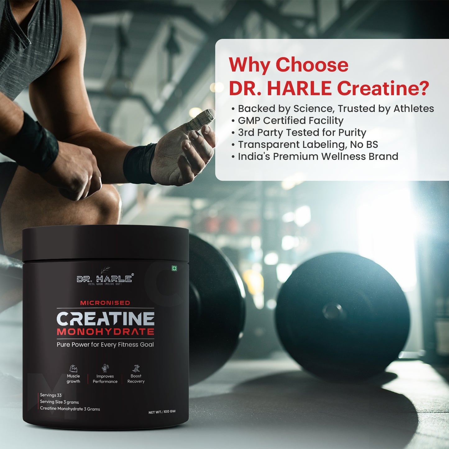 DR. HARLE Pure Creatine Monohydrate Powder 3g Per Serving | Unflavored Micronized for Muscle Growth, Strength & Recovery | 100gm 33 Servings | Dope Free Creatine Mono Hydrate Supplement